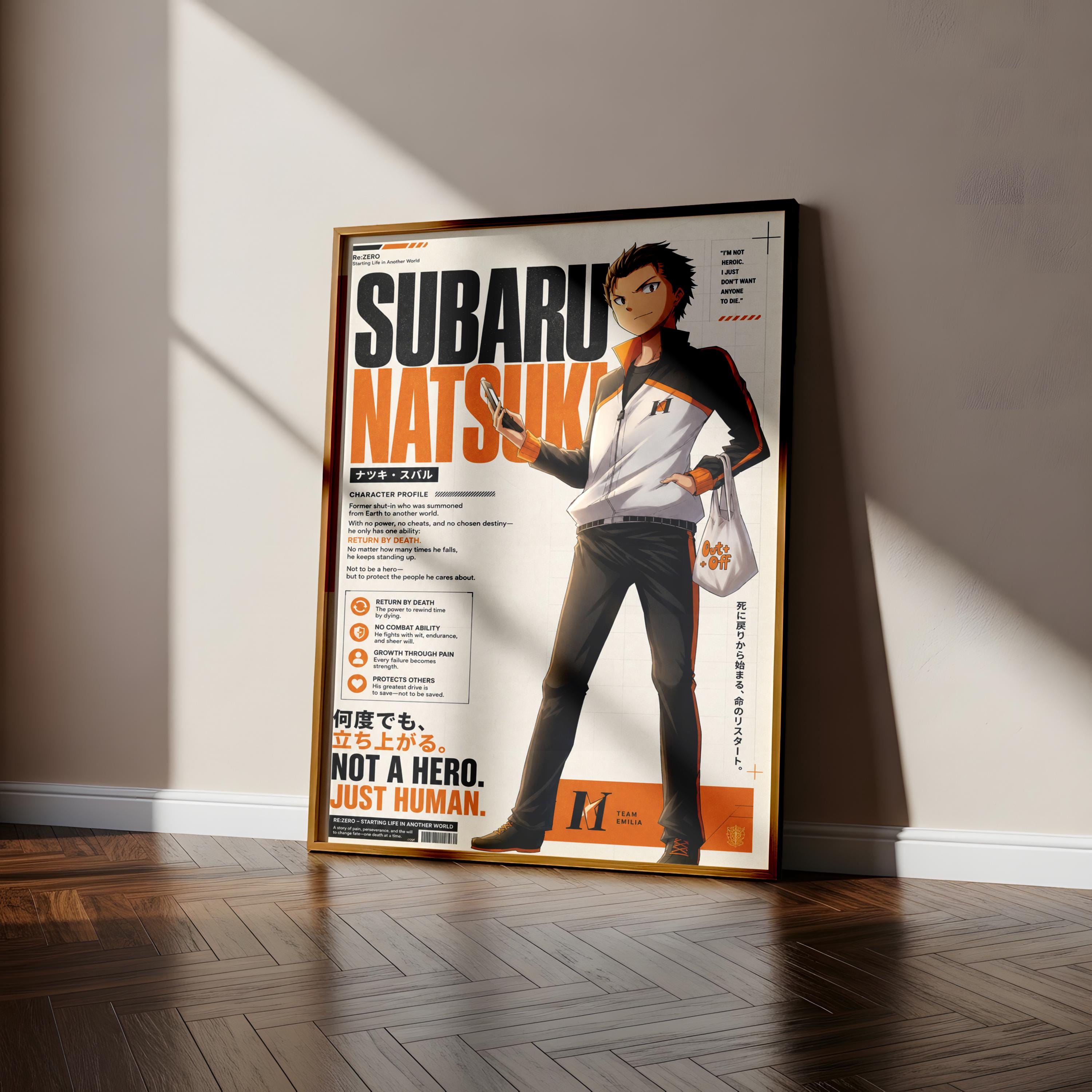 The image is a poster featuring an anime character, Subaru Natsuken, standing in a room with a wooden floor. The poster has a large, colorful design with text and images, and it is leaning against a wall.