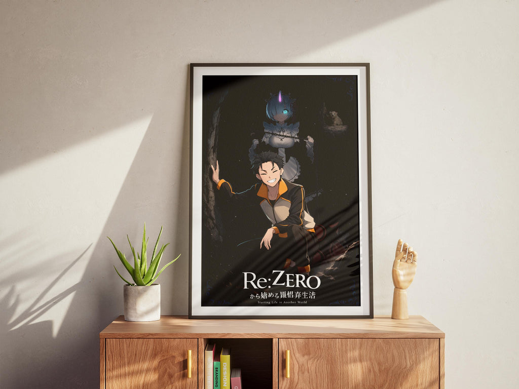 a poster of a character from the anime series Re-Zero, displayed on a wooden cabinet.