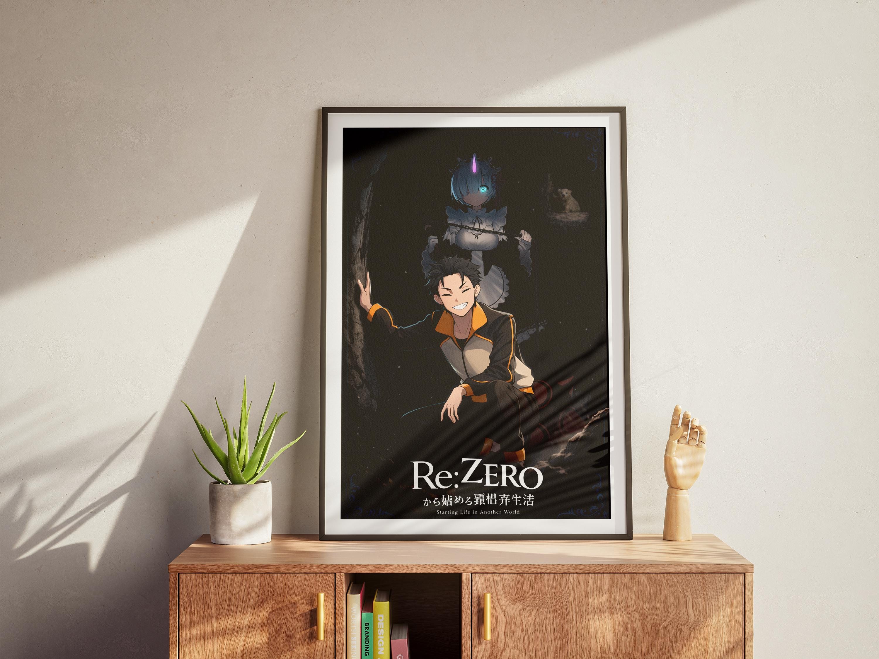 a poster of a character from the anime series Re-Zero, displayed on a wooden cabinet.