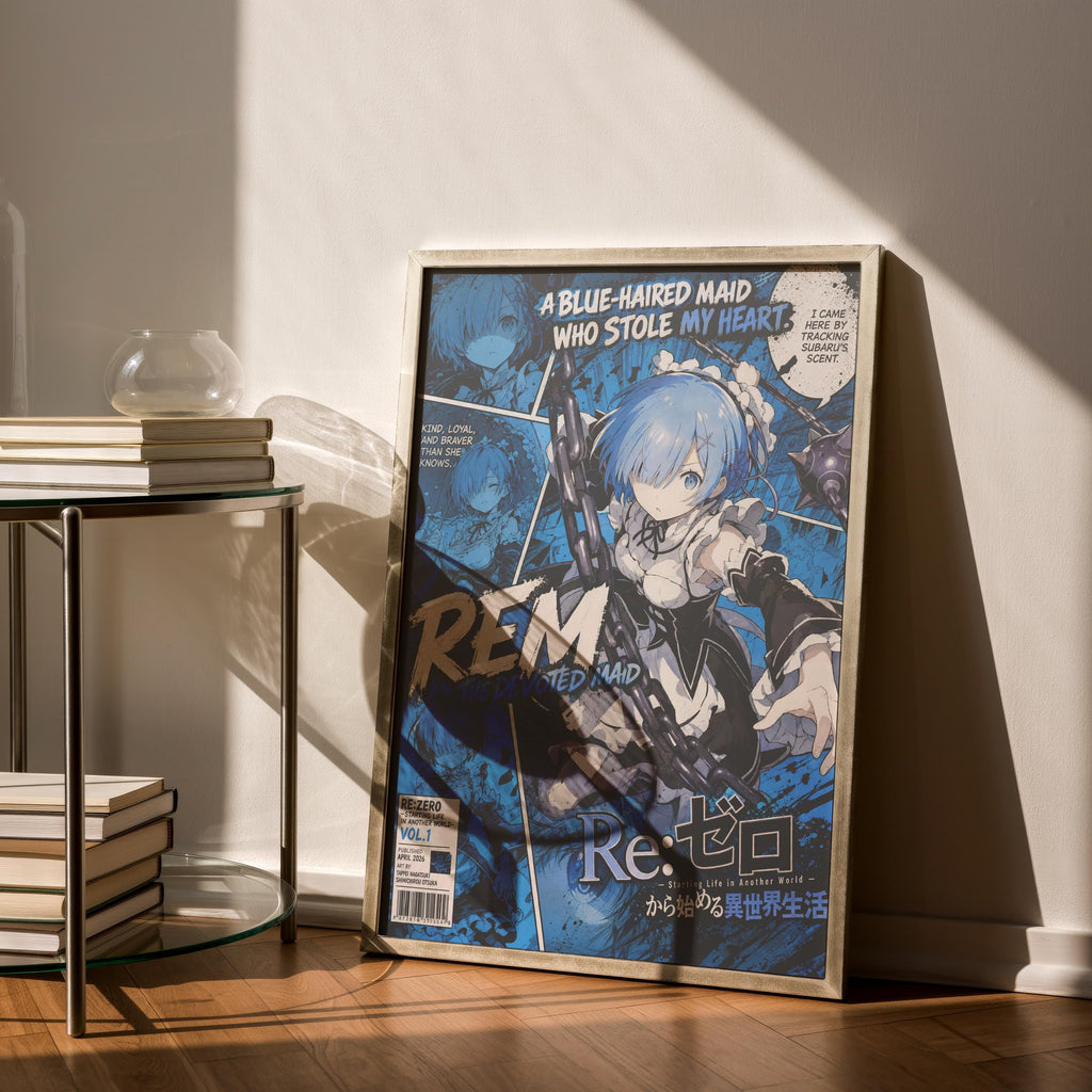 a framed poster of an anime-style character, with a blue background and white text.