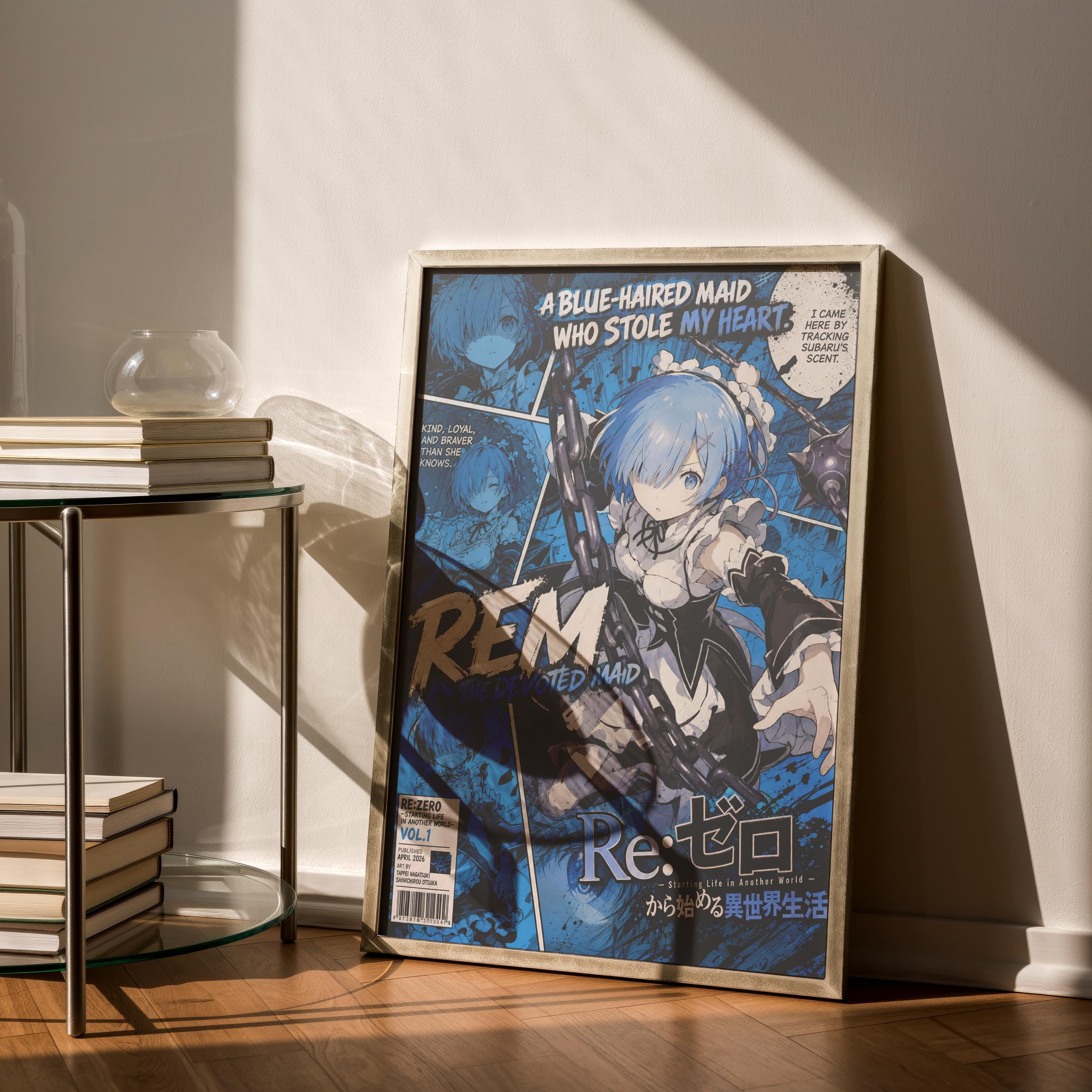 a framed poster of an anime-style character, with a blue background and white text.