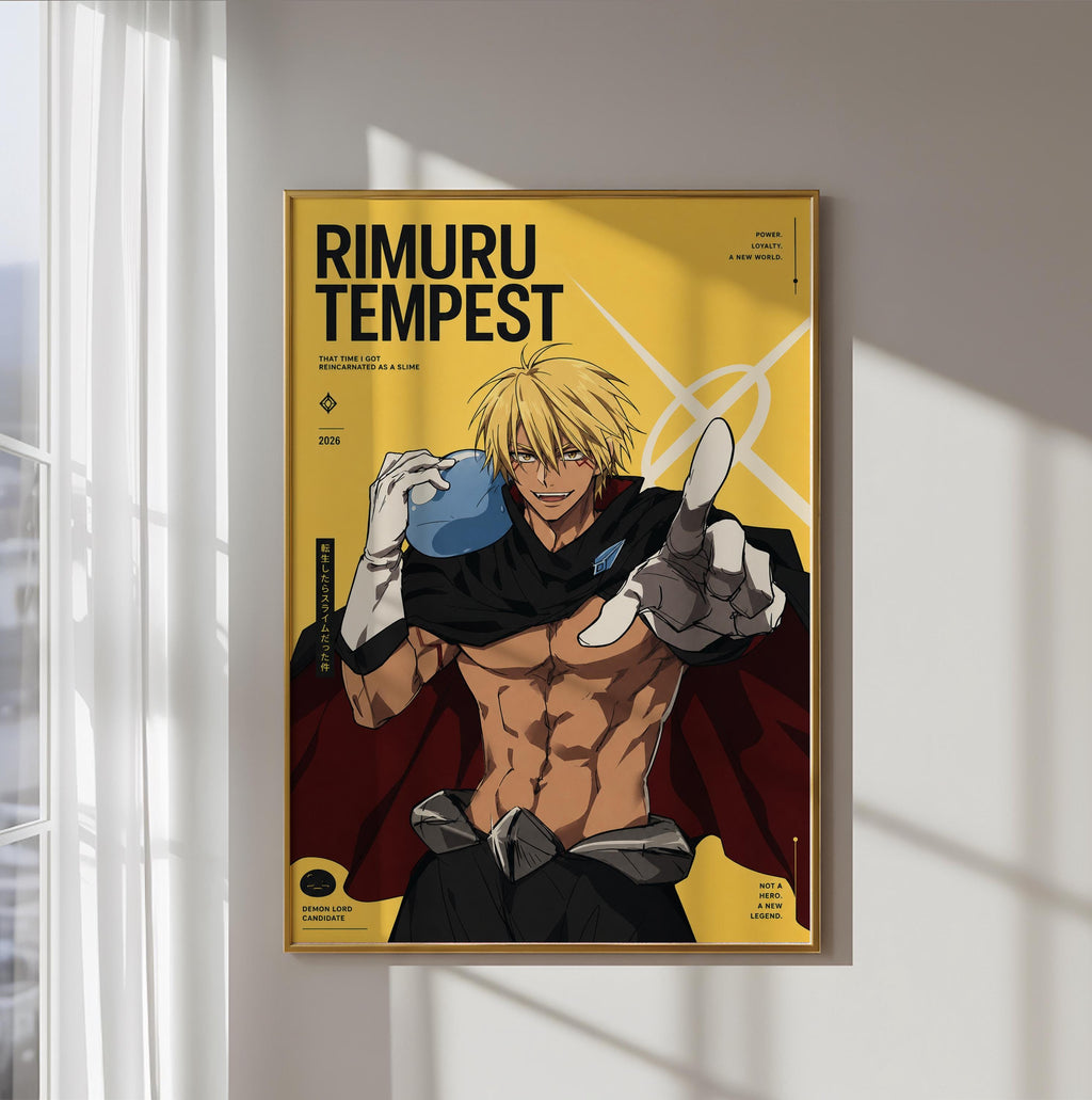 The image is a poster featuring an illustration of a muscular, blond-haired character wearing a cape and holding a blue object. The character appears to be a male anime or manga character, possibly named Rimuru.