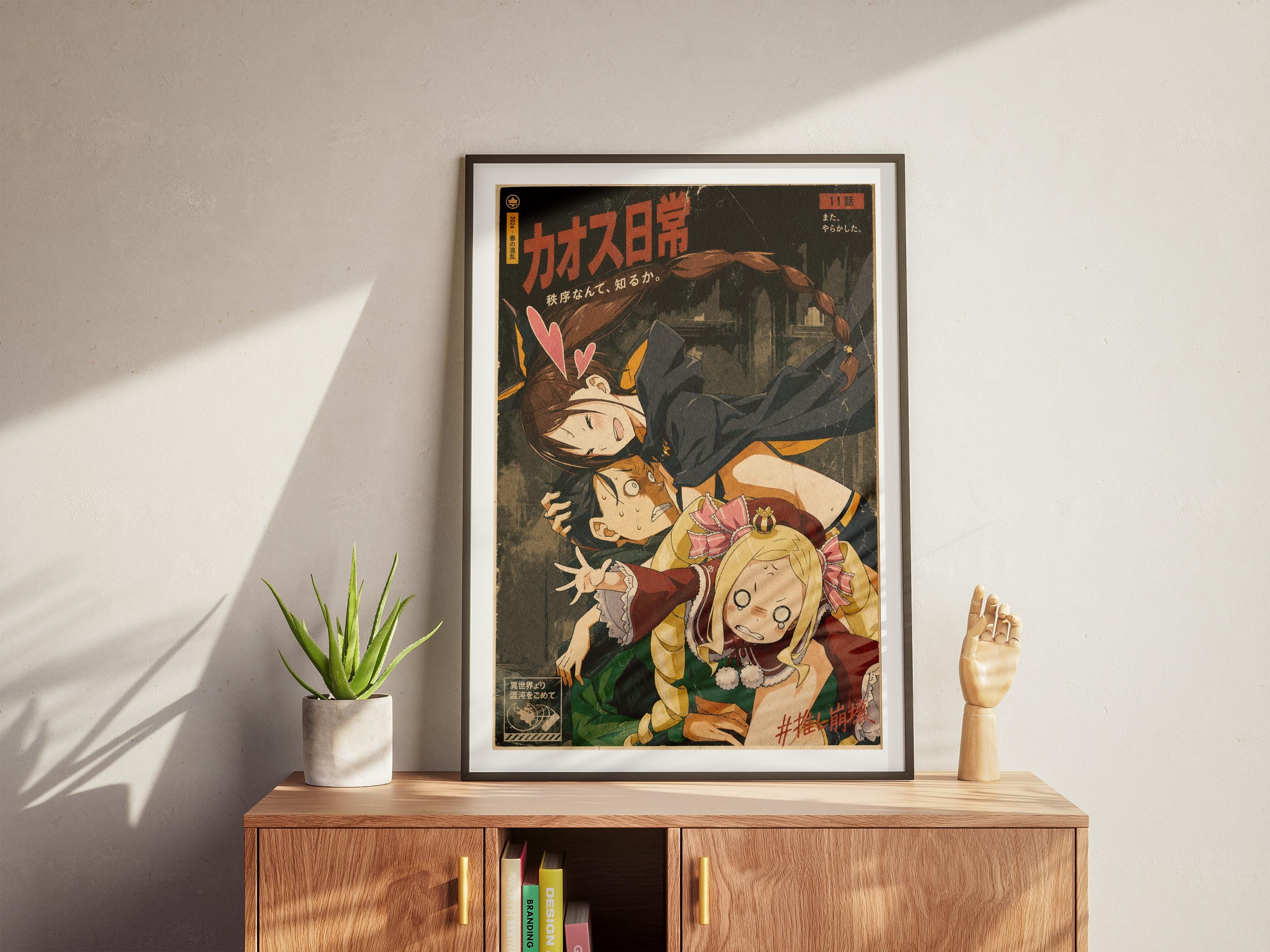 a framed poster of an anime-style illustration, which appears to be a collage of multiple images. The poster is displayed on a wooden cabinet or shelf, and there is a potted plant and a small wooden figurine on the cabinet.