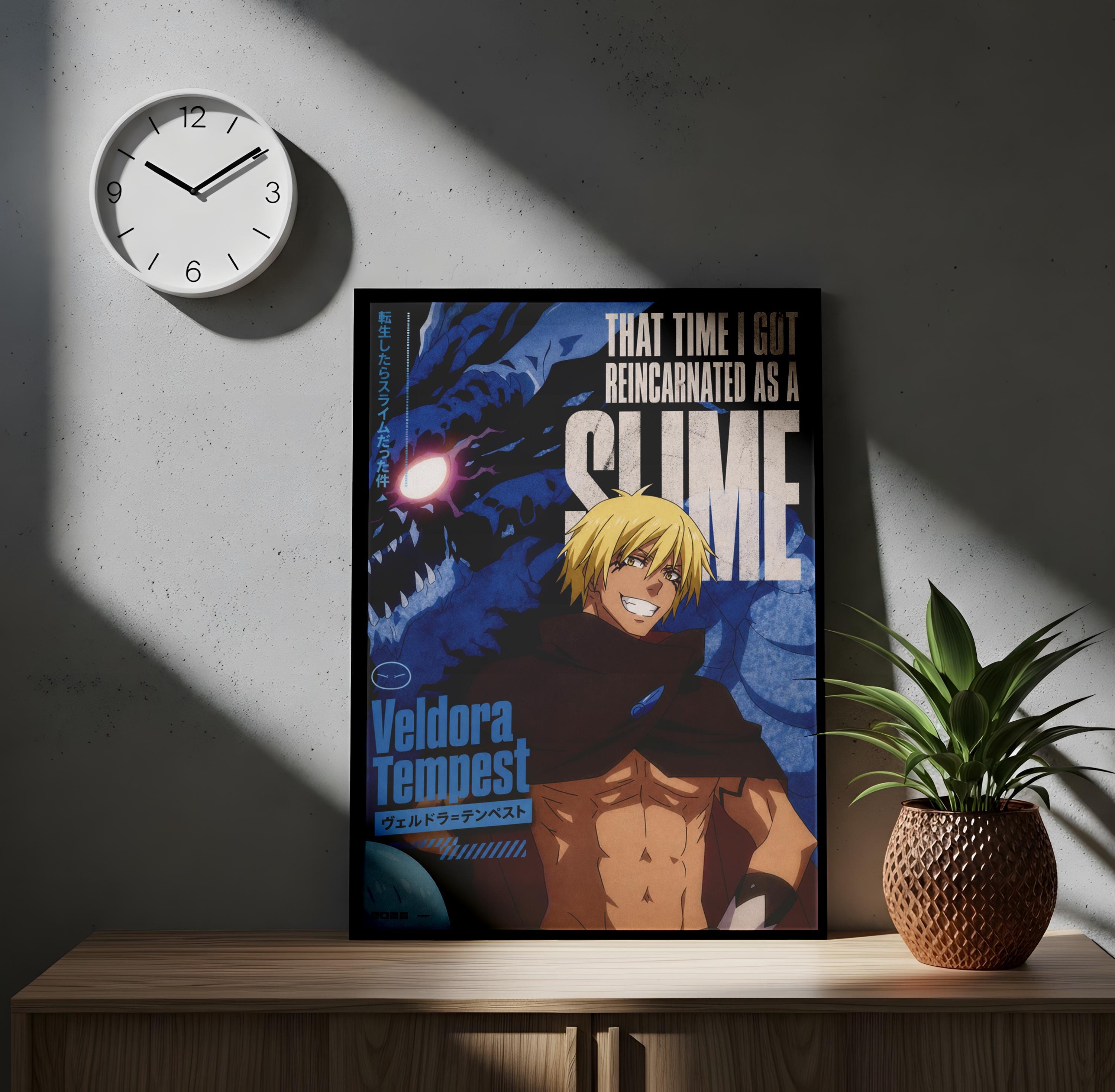 a poster of a character from the anime series "Vendora Tempest" displayed on a wooden shelf.