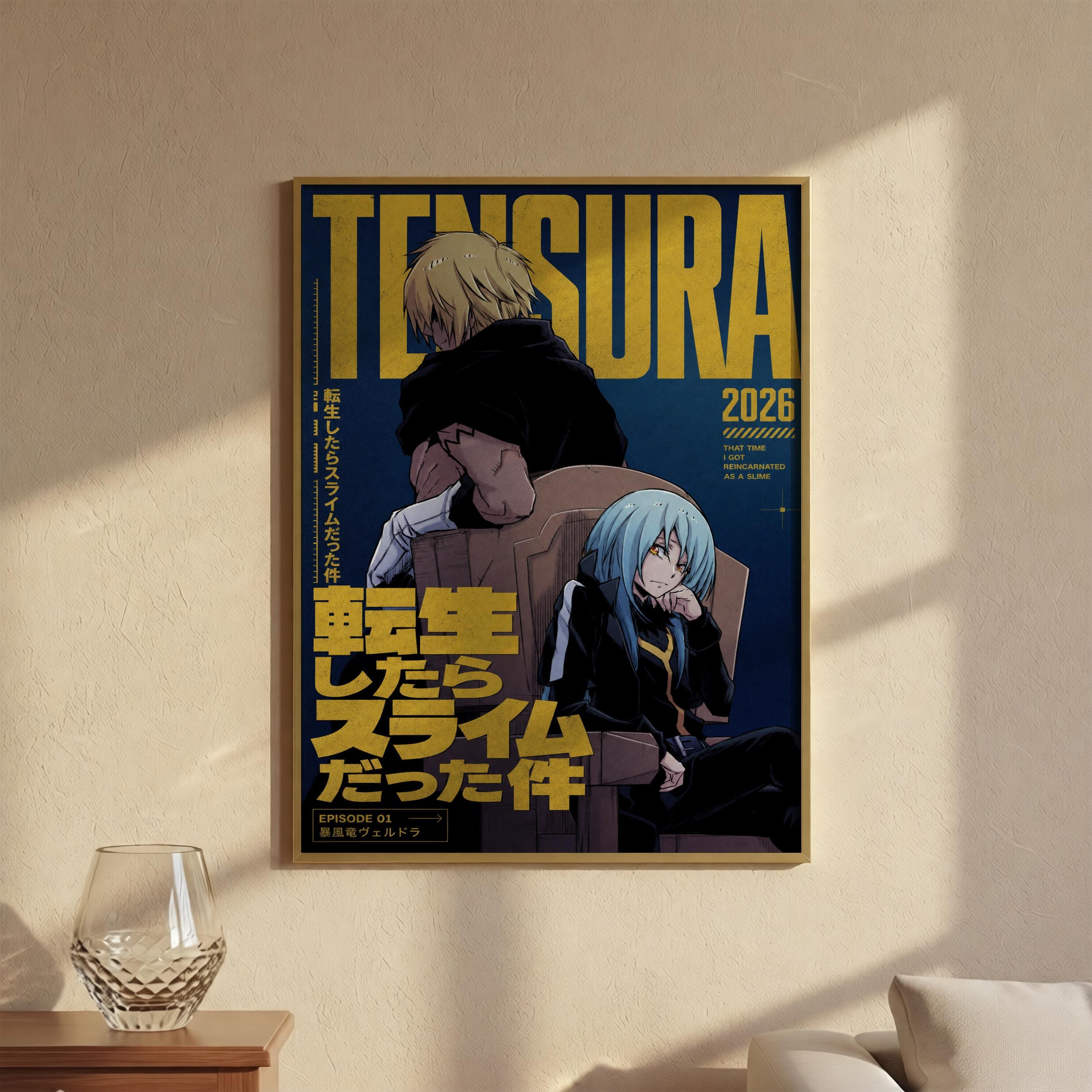 The image is a framed poster featuring two anime characters, one with blonde hair and the other with blue hair, sitting in a chair. The poster has a blue background with yellow text and graphics, and it appears to be a promotional poster for an anime series.