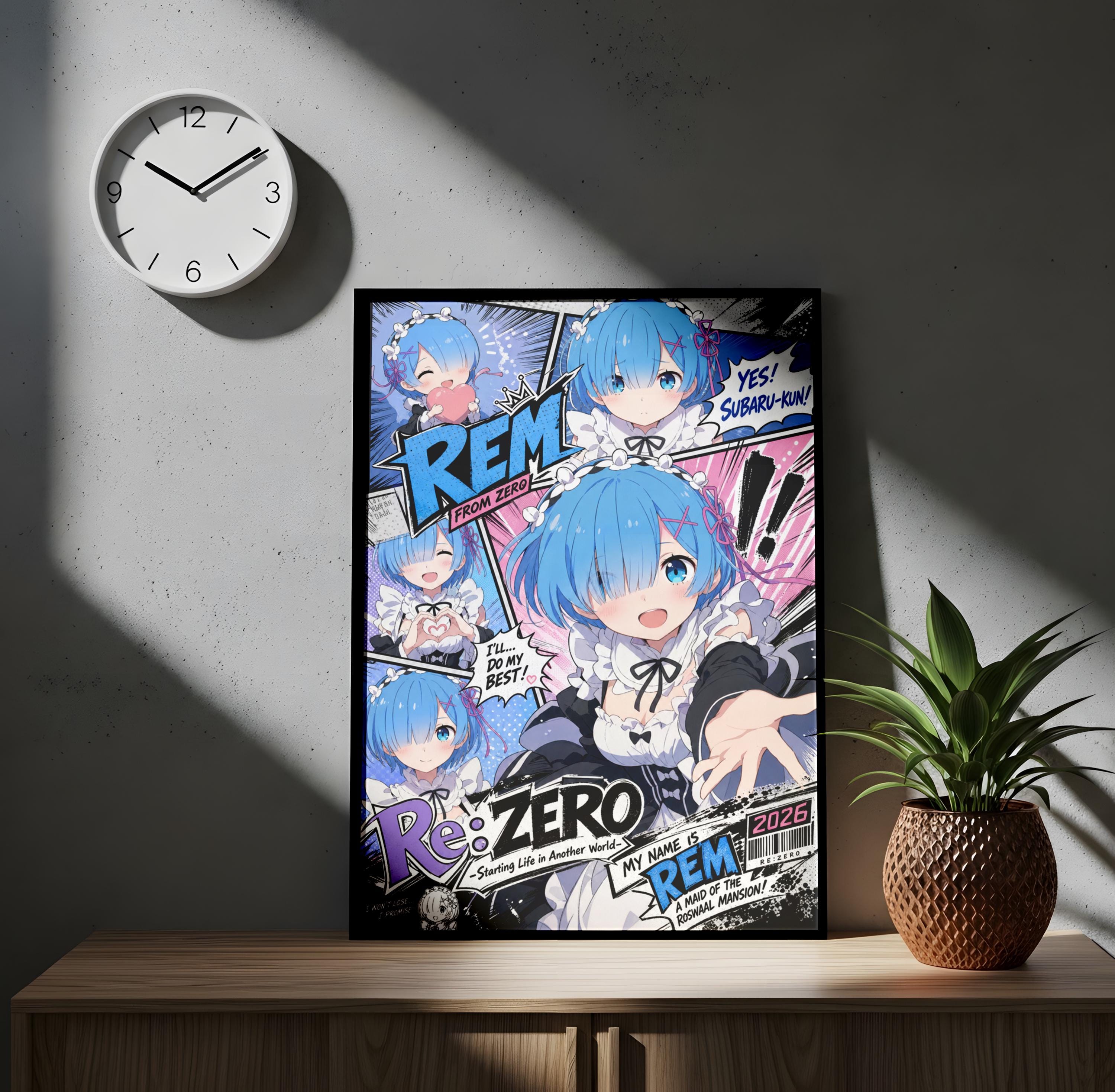 The image is a poster featuring an anime-style illustration of a character named REM, with various speech bubbles and text elements. The poster is displayed on a wooden surface, with a clock and a potted plant in the background.