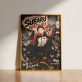The image is a framed poster featuring an anime character, Subaru Natsuaki, in a dynamic pose. The poster includes various panels and text elements, including the character's name, the title of the anime series, and some Japanese text. The poster is displayed on a wooden floor against a white wall, creating a visually striking contrast.