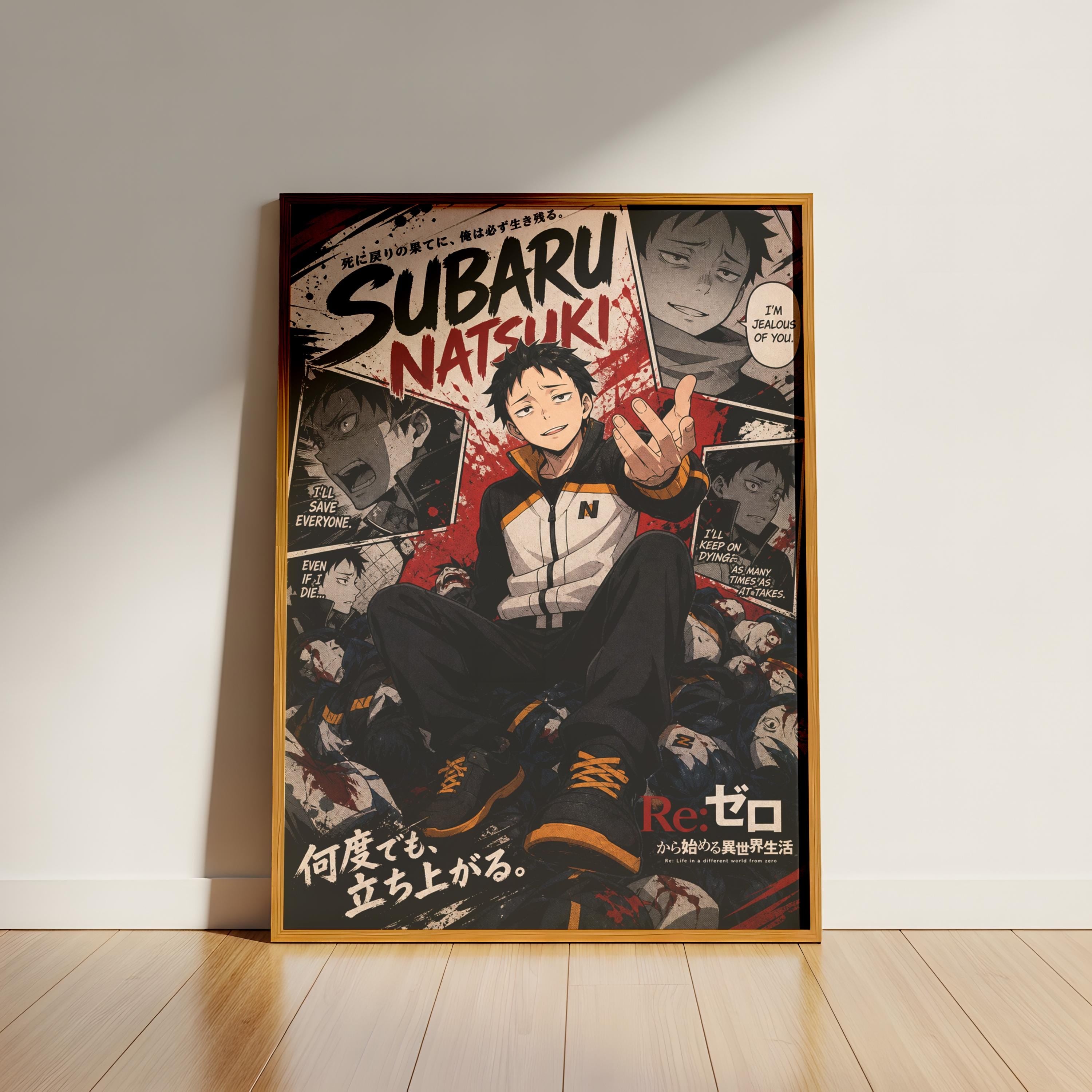 The image is a framed poster featuring an anime character, Subaru Natsuaki, in a dynamic pose. The poster includes various panels and text elements, including the character's name, the title of the anime series, and some Japanese text. The poster is displayed on a wooden floor against a white wall, creating a visually striking contrast.