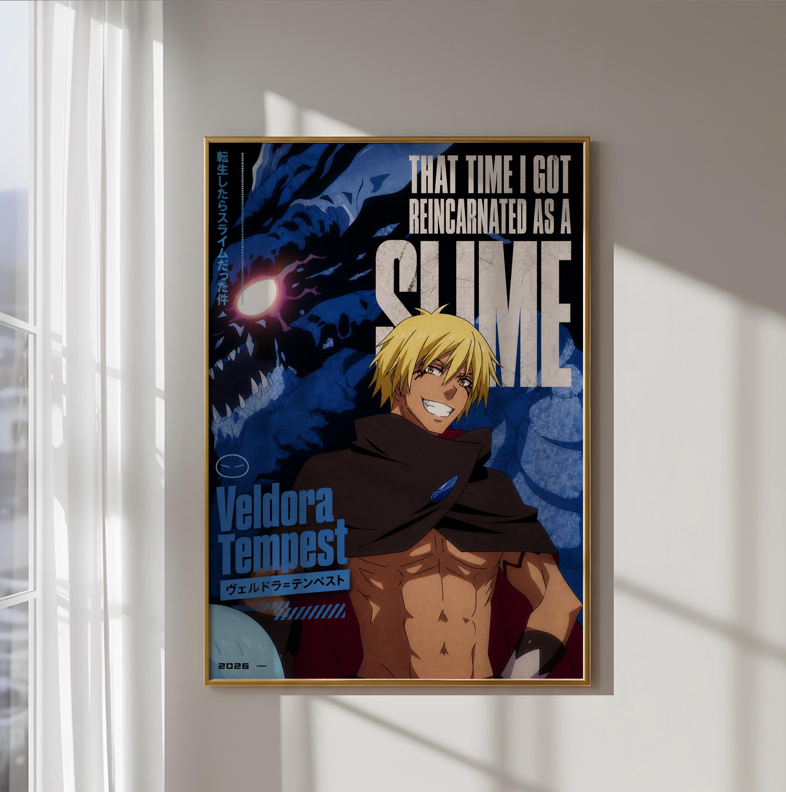 The image is a poster featuring an anime character with a large, glowing eye in the background. The character is described as a "slime" and is shown in a dynamic pose.