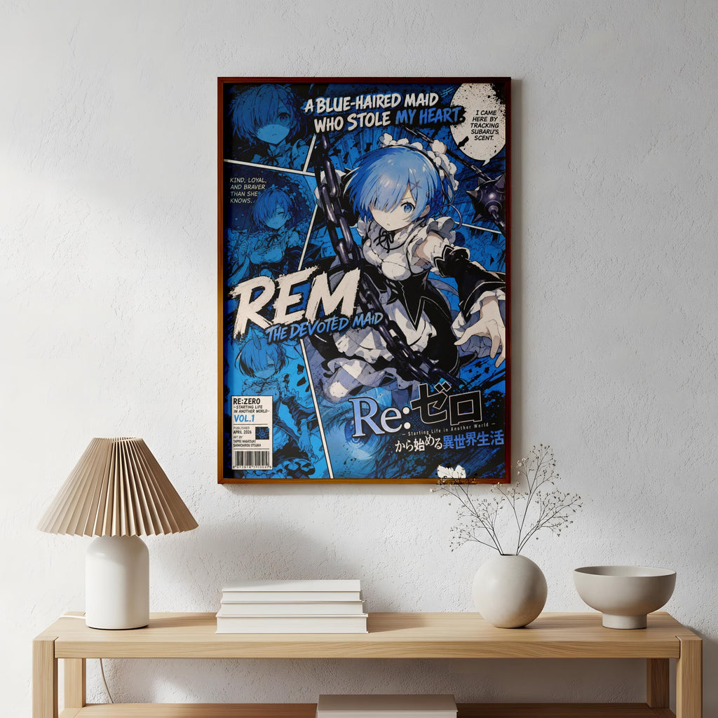 a poster of an anime character, specifically REM, hanging on a wall above a wooden table with various items on it.