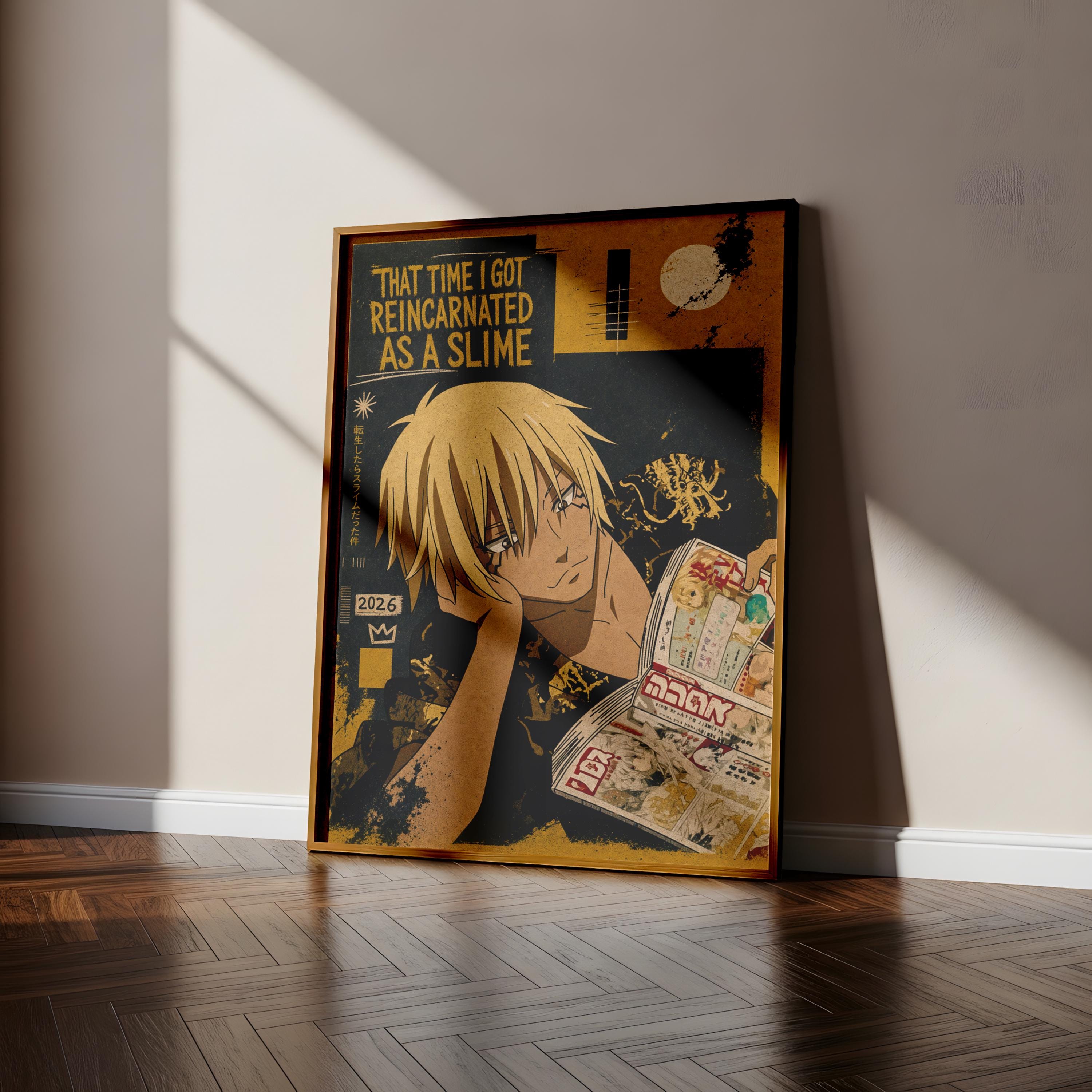 The image is a framed poster featuring an anime-style illustration of a character with a serious expression, surrounded by various elements such as text and imagery.