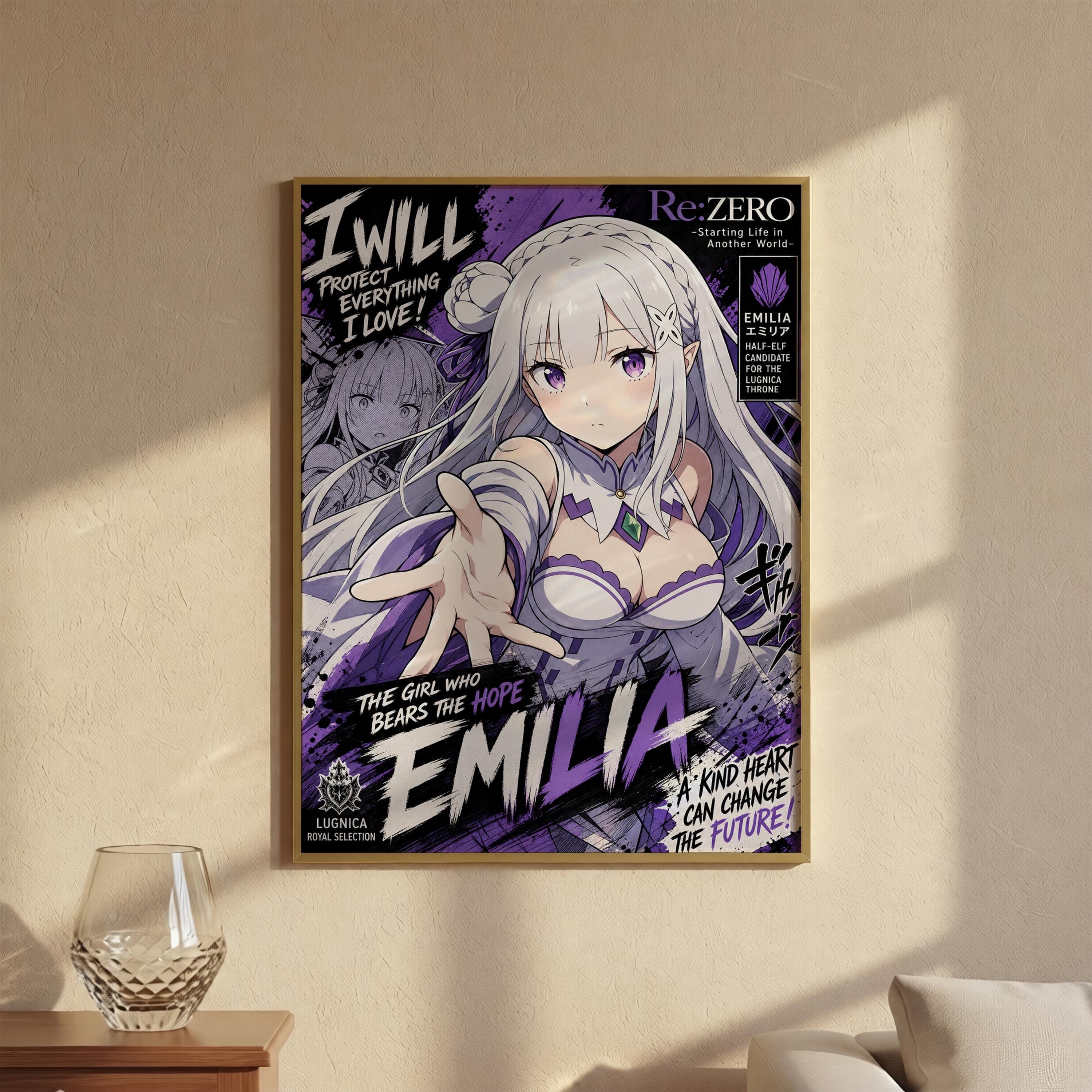 The image is a poster featuring an anime-style illustration of a young woman with long, white hair and a purple outfit. The poster has text and graphics that describe the character as "The girl who fears the future" and "Emilia".