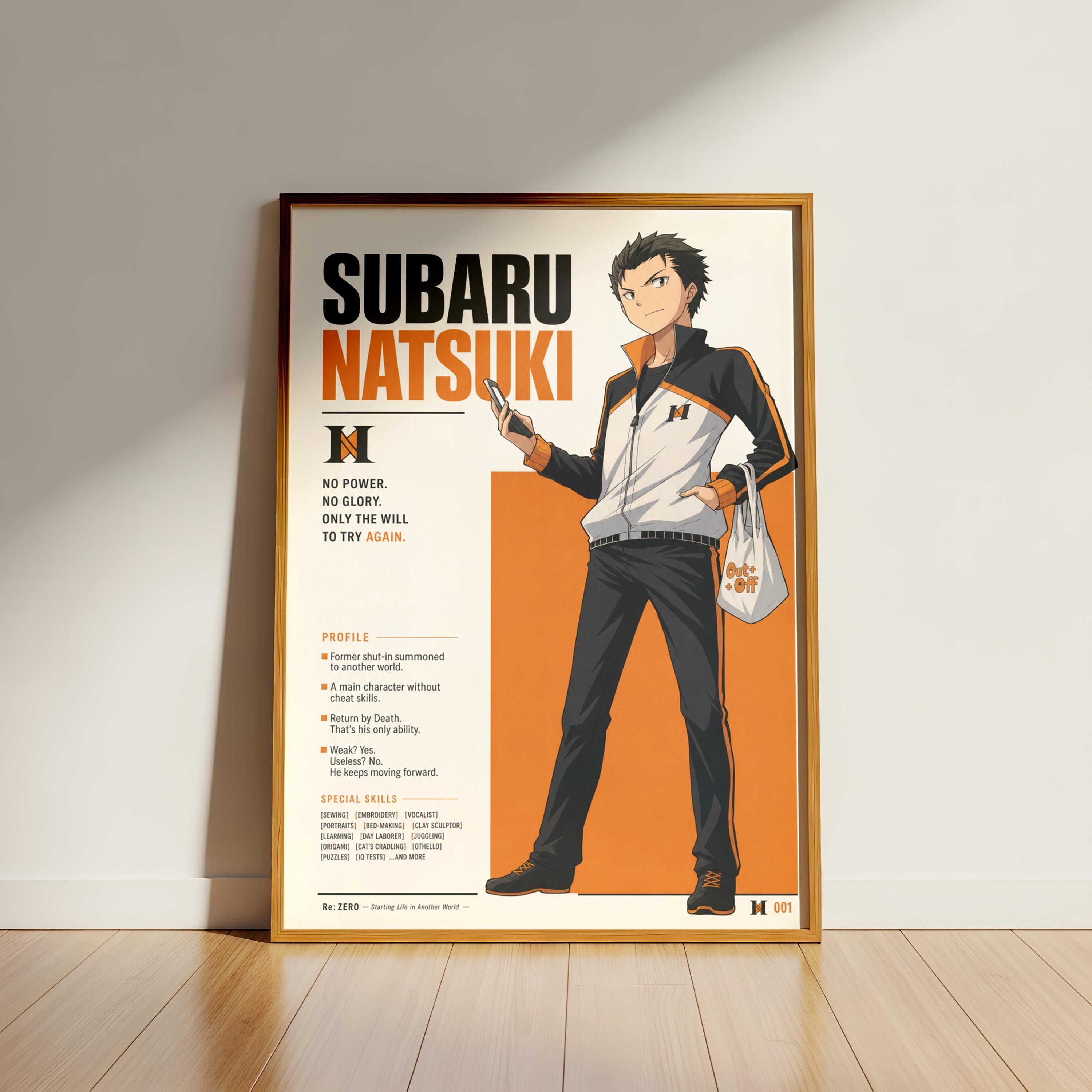 an anime-style illustration of a male character named Subaru Natsuaki, who is depicted as a young man with spiky hair and a determined expression. He is standing in a room, holding a cell phone in his hand. The image is framed and displayed on a wall, likely in a living room or similar setting.