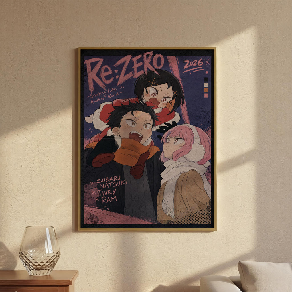 The image is a framed poster featuring three cartoon characters, two men and one woman, with a colorful and stylized design.