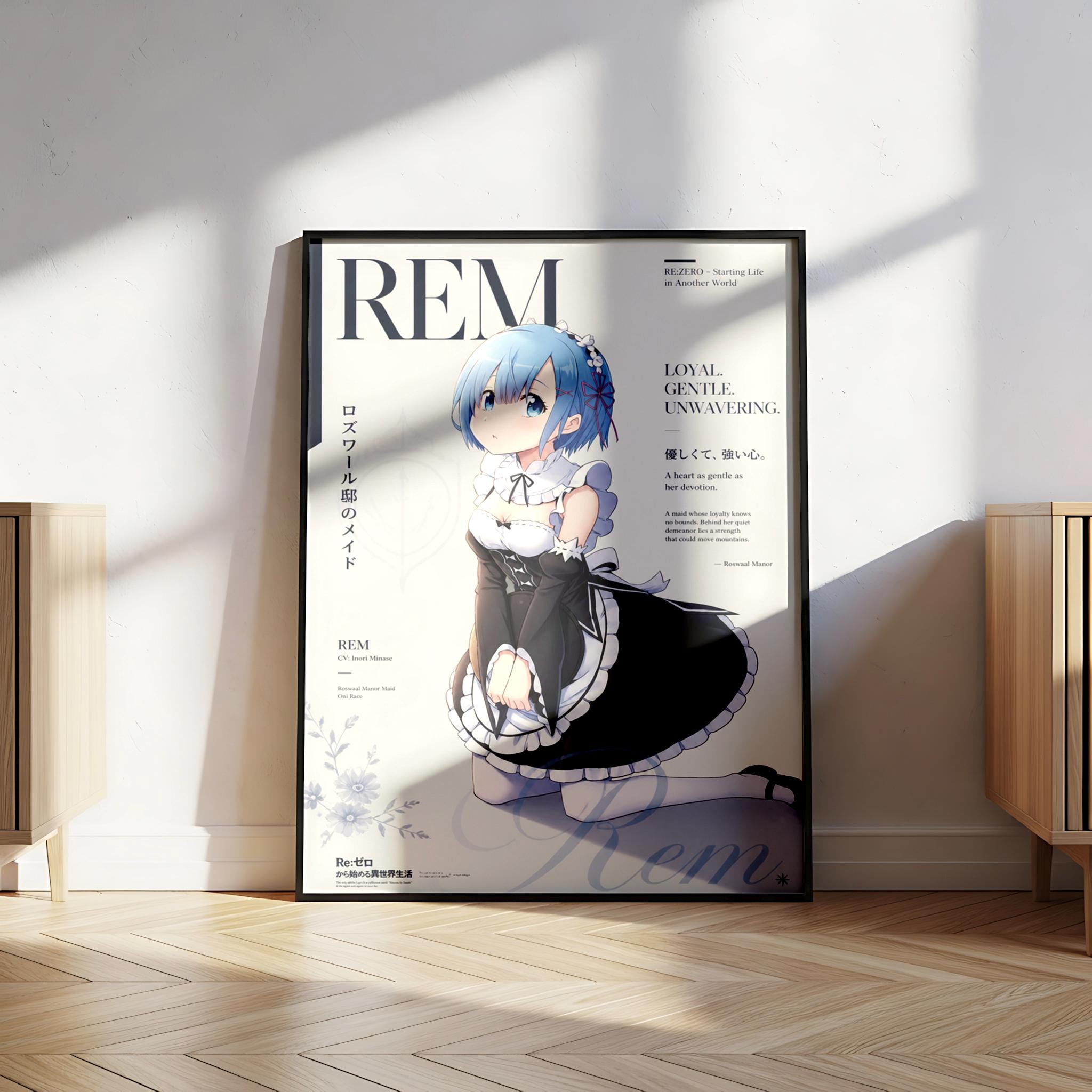 The image is a poster featuring an anime-style illustration of a young girl in a black and white dress, with the text "REM" prominently displayed.