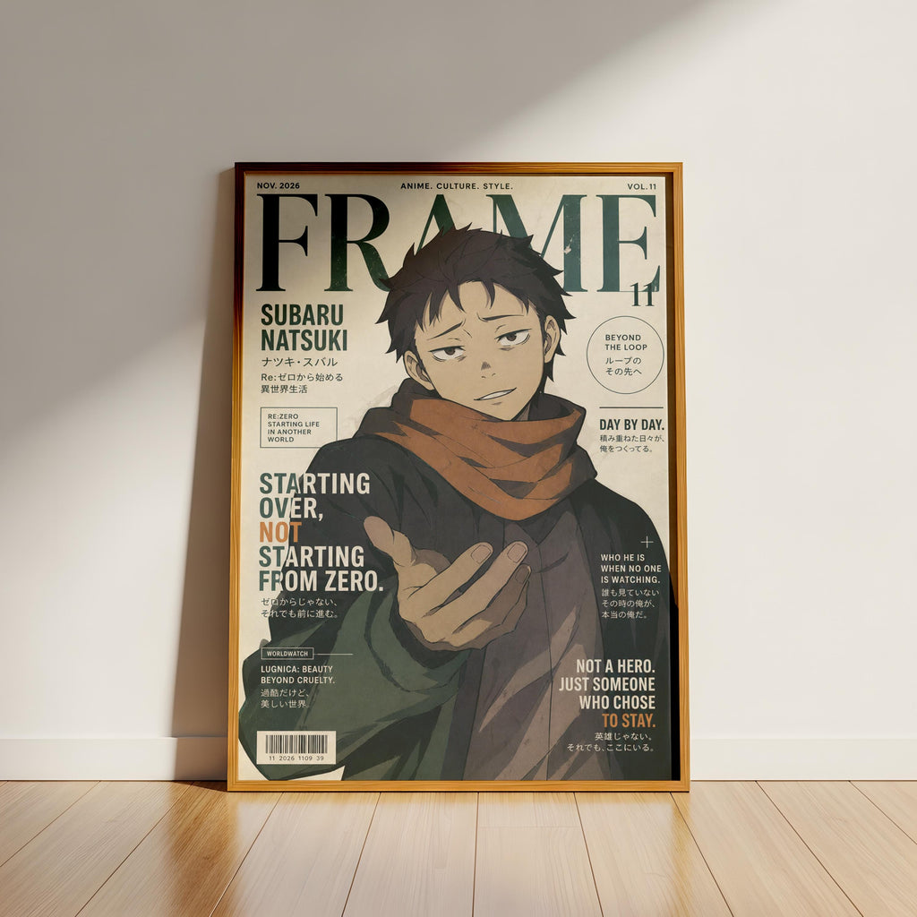 The image is a framed poster featuring an illustration of a young man with a serious expression, likely from an anime or manga series.