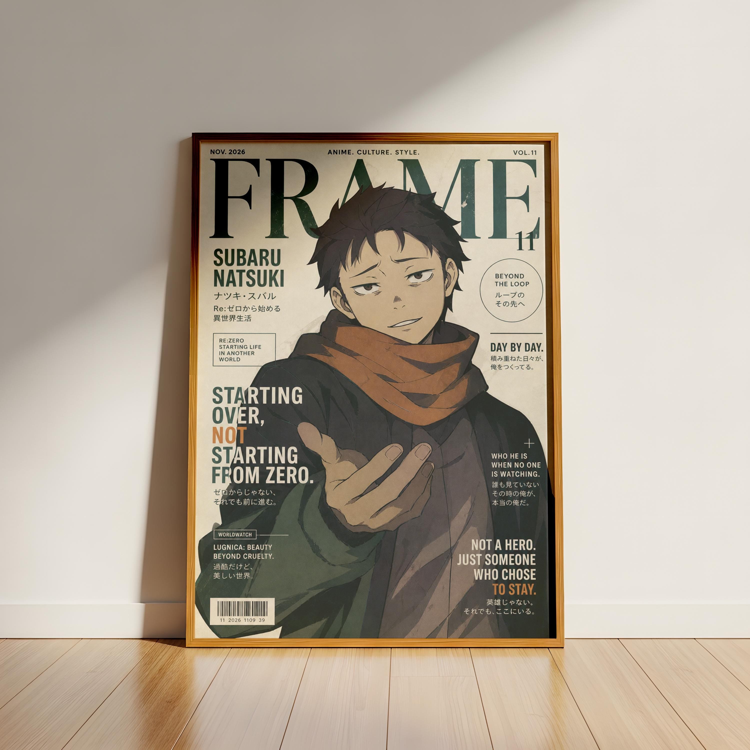 The image is a framed poster featuring an illustration of a young man with a serious expression, likely from an anime or manga series.