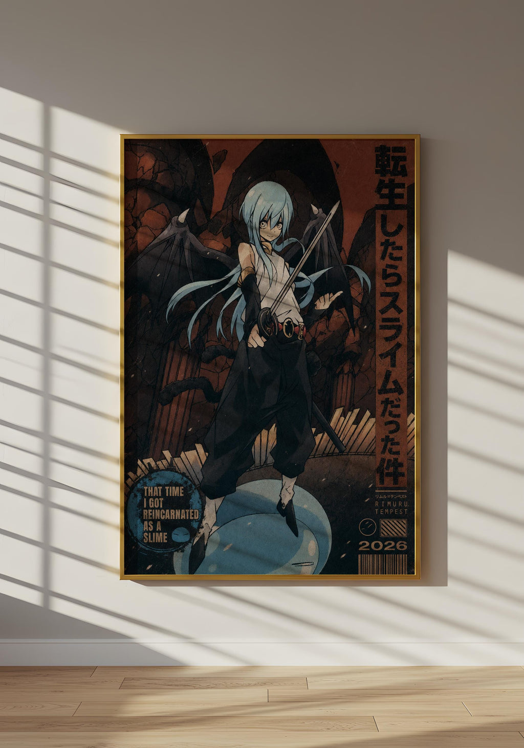 The image is a framed poster featuring an anime-style illustration of a character with blue hair and a sword, set against a dark, dramatic background.