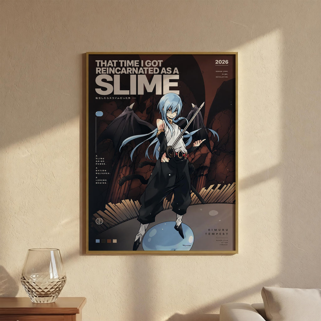 The image is a poster featuring an anime character with blue hair and a sword, set against a dark background with a large text that reads "That time I got reincarnated as SLIME".