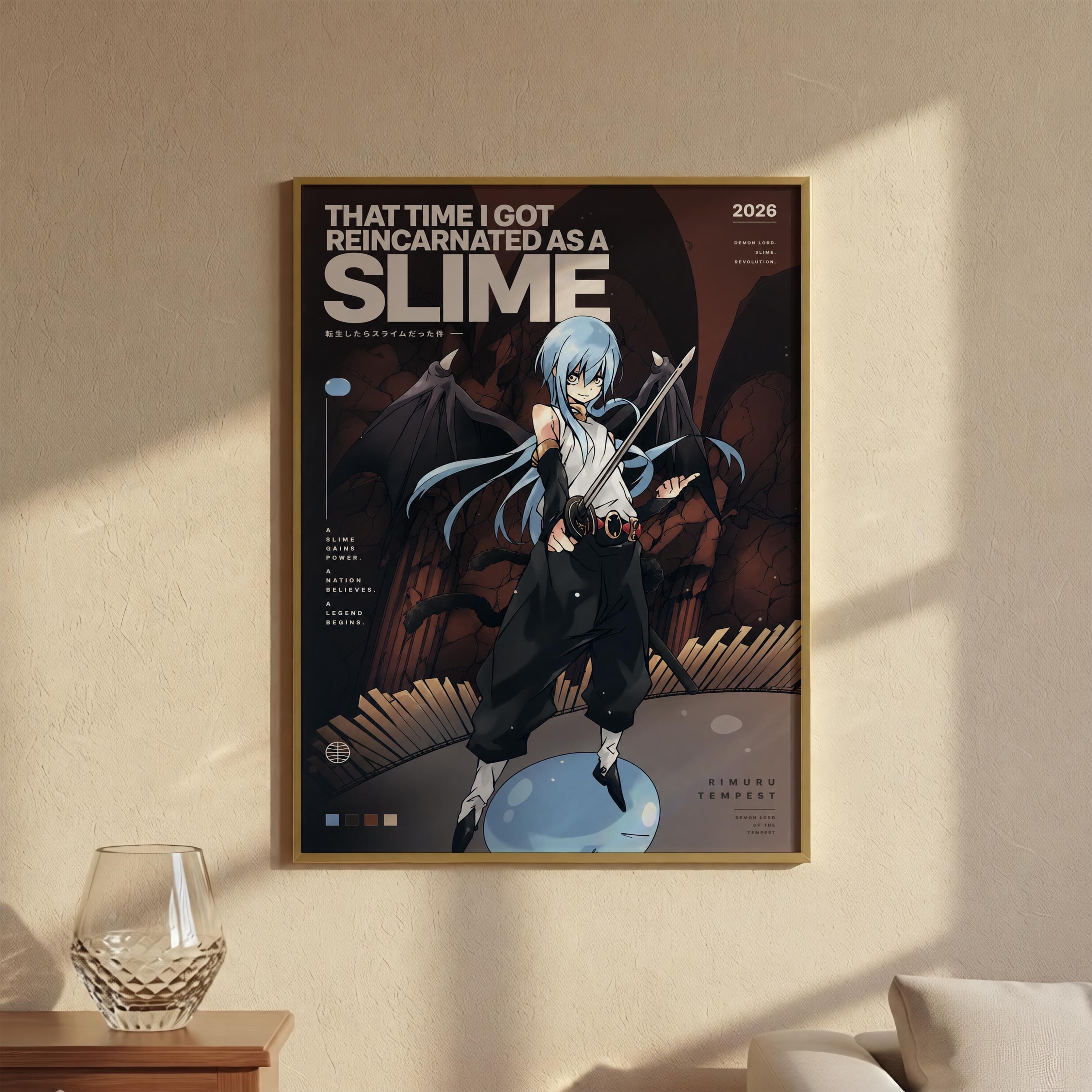 The image is a poster featuring an anime character with blue hair and a sword, set against a dark background with a large text that reads "That time I got reincarnated as SLIME".