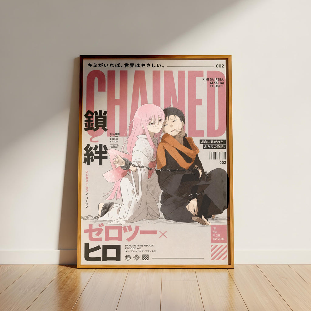 The image is a framed poster featuring two anime characters, one with pink hair and the other with black hair, sitting together. The poster has a pink and black color scheme and includes Japanese text.