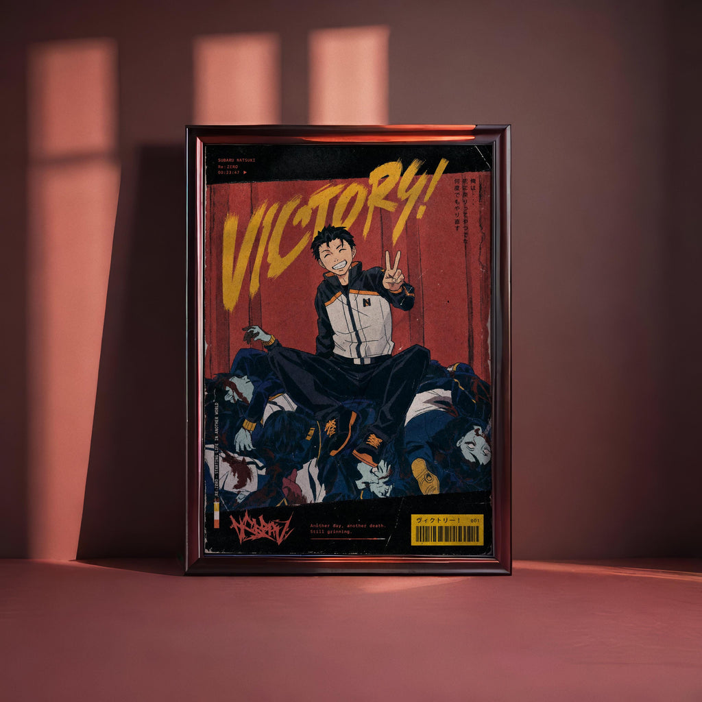 The image is a framed artwork depicting a character in a dramatic pose, surrounded by various elements, including a red background and a yellow text.