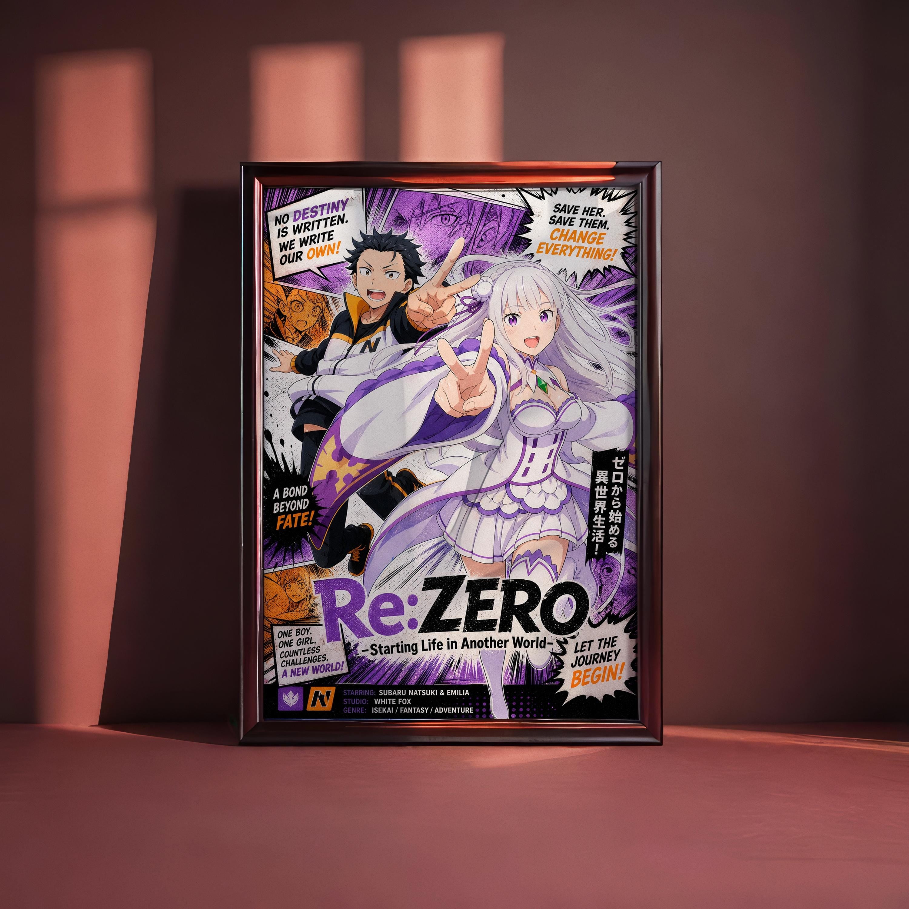 The image is a poster featuring an anime-style illustration of two characters, one male and one female, with a purple and white color scheme. The poster includes text and various speech bubbles, creating a dynamic and visually engaging composition.