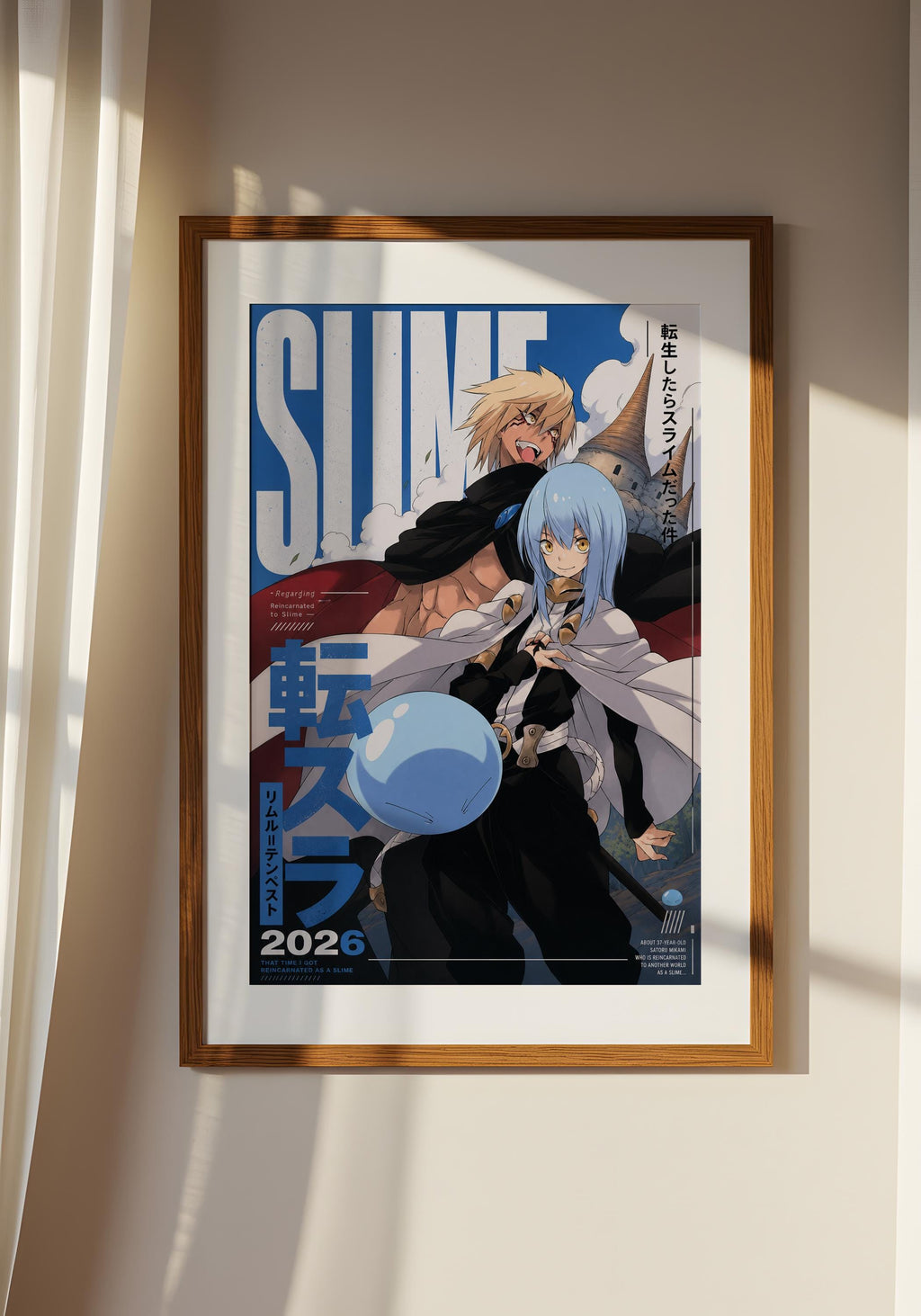 The image is a framed poster featuring two anime characters, one with blonde hair and the other with blue hair, both holding a large blue object. The poster has a blue and white color scheme and includes Japanese text.