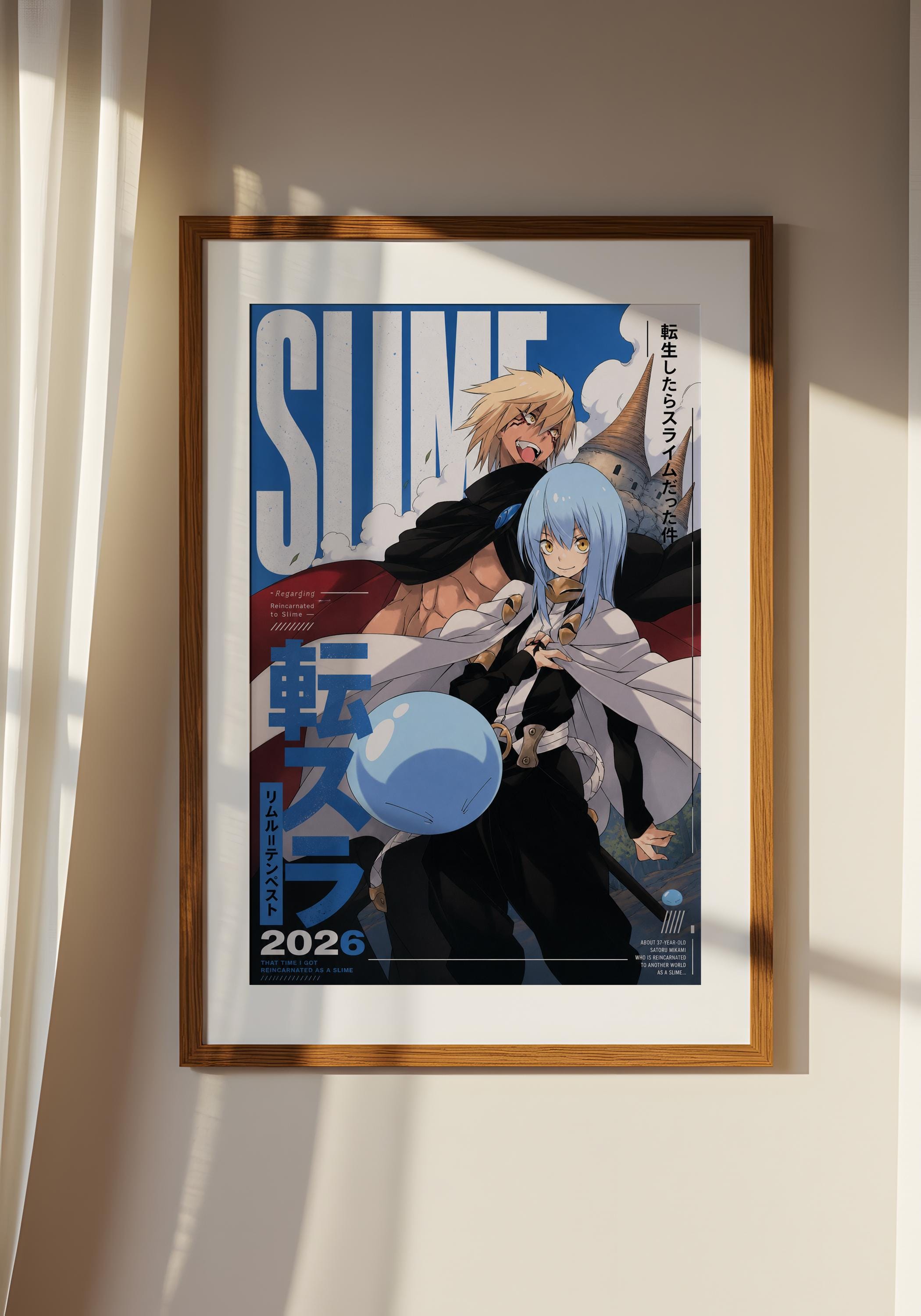 The image is a framed poster featuring two anime characters, one with blonde hair and the other with blue hair, both holding a large blue object. The poster has a blue and white color scheme and includes Japanese text.