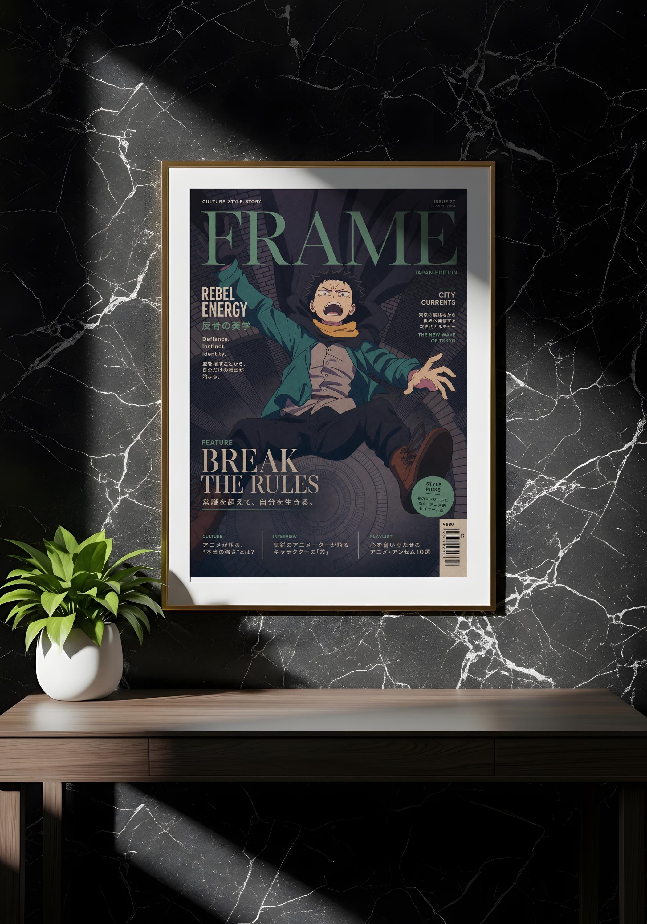 a framed poster of an anime-style character, hanging on a marble wall above a wooden table.