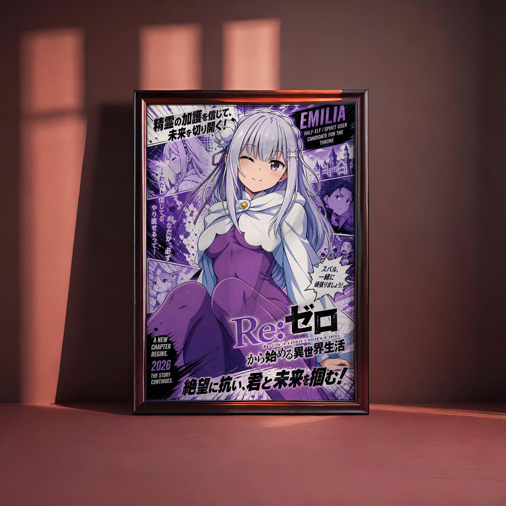 The image is a poster featuring an anime-style illustration of a young woman with long, gray hair wearing a purple outfit. The poster includes text in Japanese and English, and the overall layout and design suggest it is a promotional or promotional artwork for an anime or manga series.