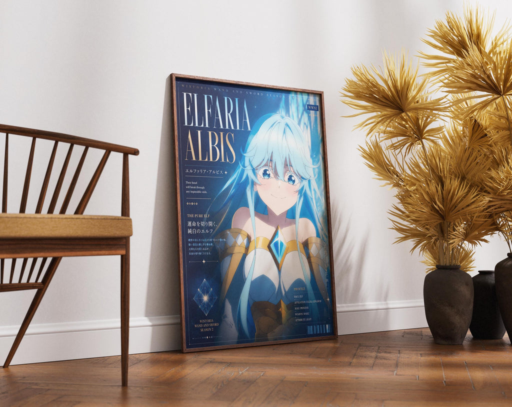 Elfaria Albis Poster - Vibrant Fantasy Art Print with Magic Wand and Sword Design