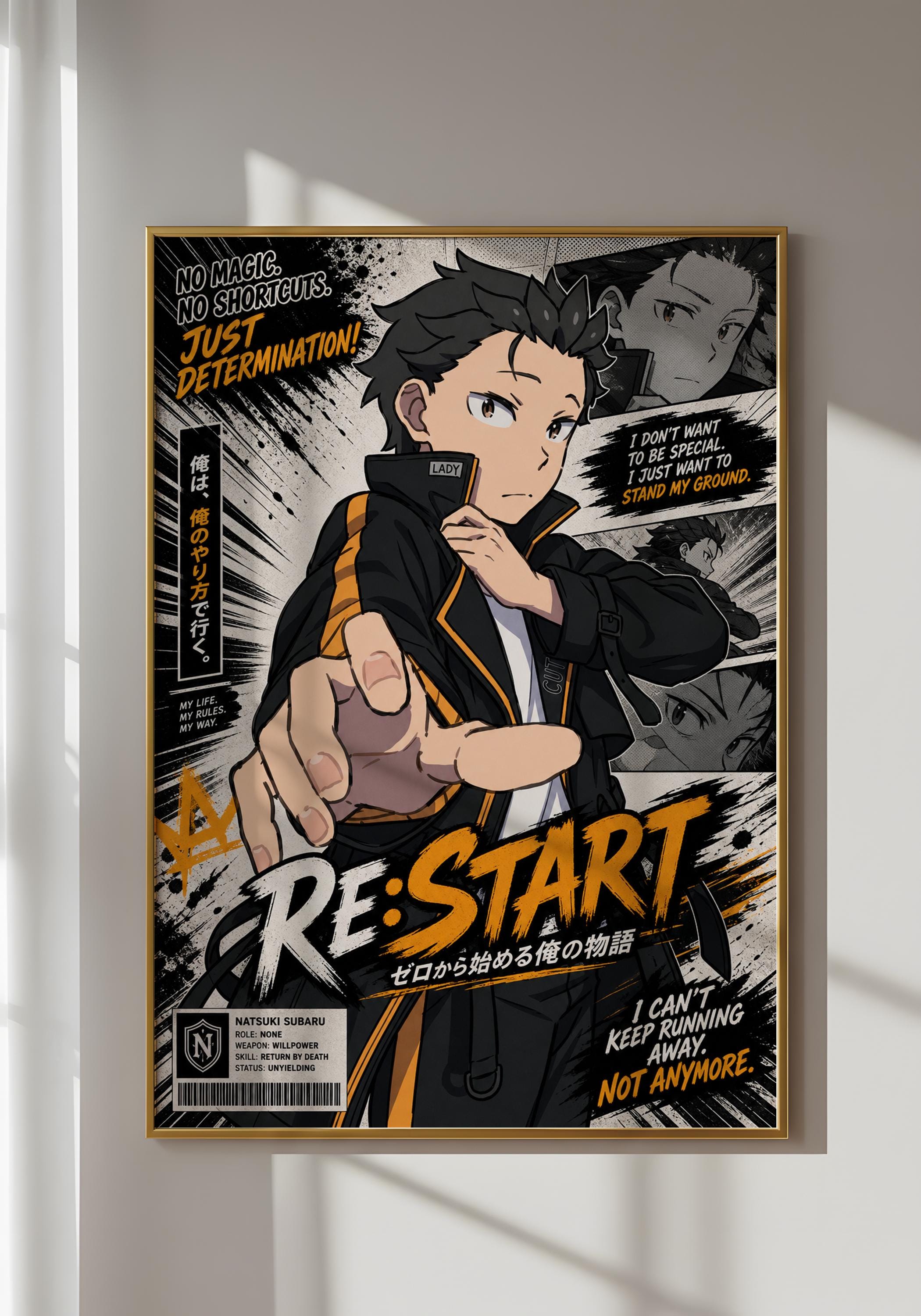 The image is a poster featuring an anime-style character with a determined expression, surrounded by various texts and graphics.