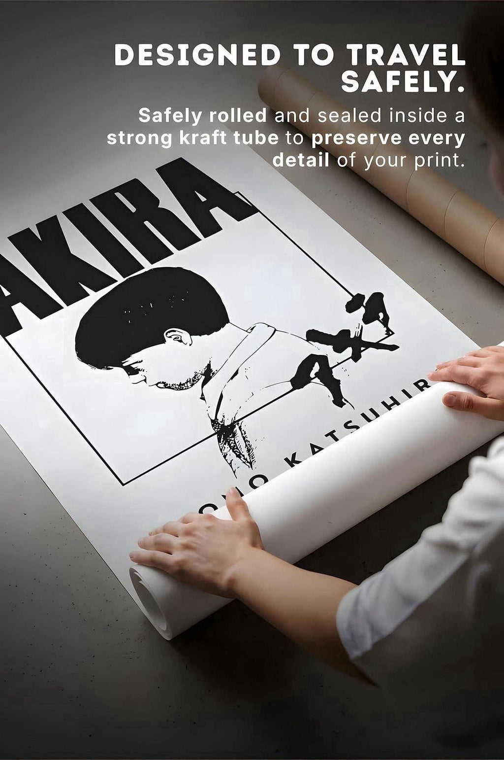 A person is rolling up a poster featuring the character Akira from the anime series "Katsuhi".