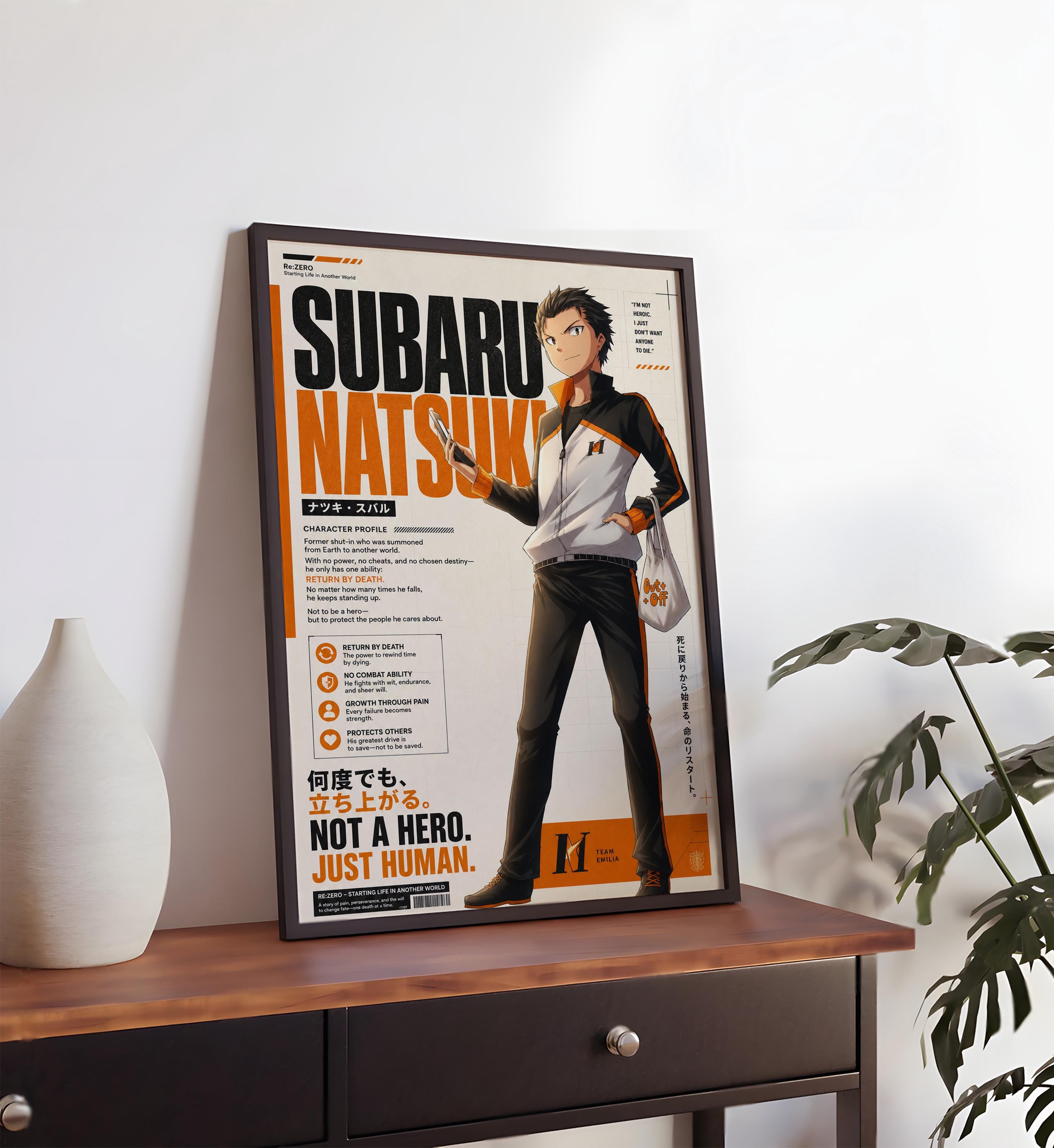 an anime poster of Subaru Natsukuro, a character from the Subaru anime series. The poster is displayed on a wooden table, with a plant visible in the background.