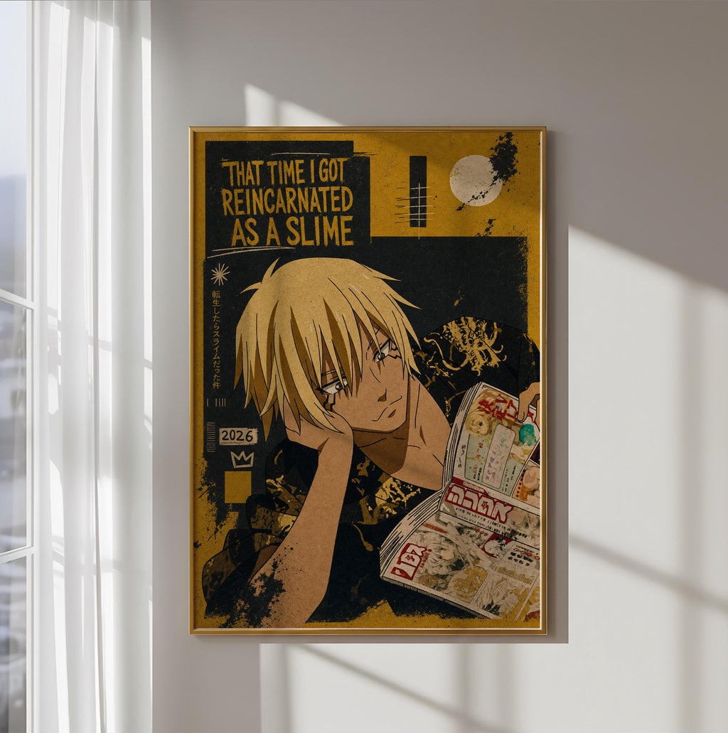 The image is a framed poster featuring an anime-style illustration of a young man with blonde hair and a serious expression, holding a book.