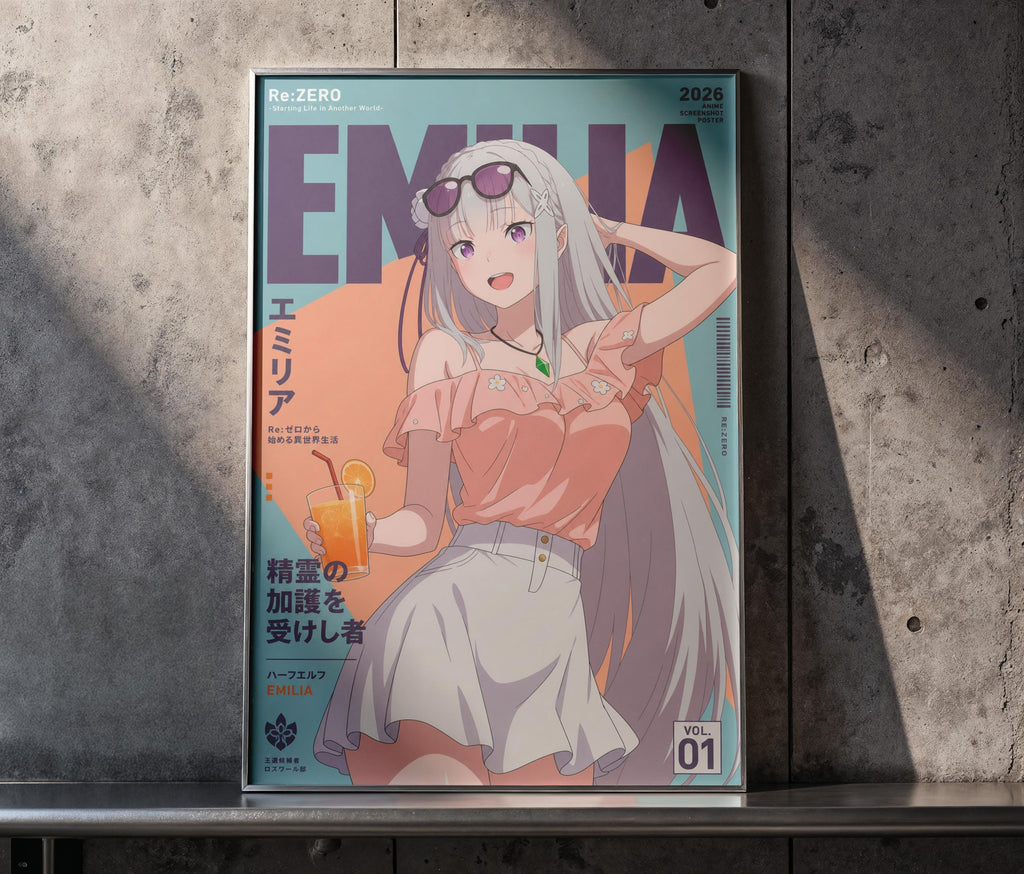 The image is a poster featuring an anime-style illustration of a young woman with long hair, wearing a pink top and sunglasses. The poster has a vibrant color scheme with shades of orange, pink, and blue.