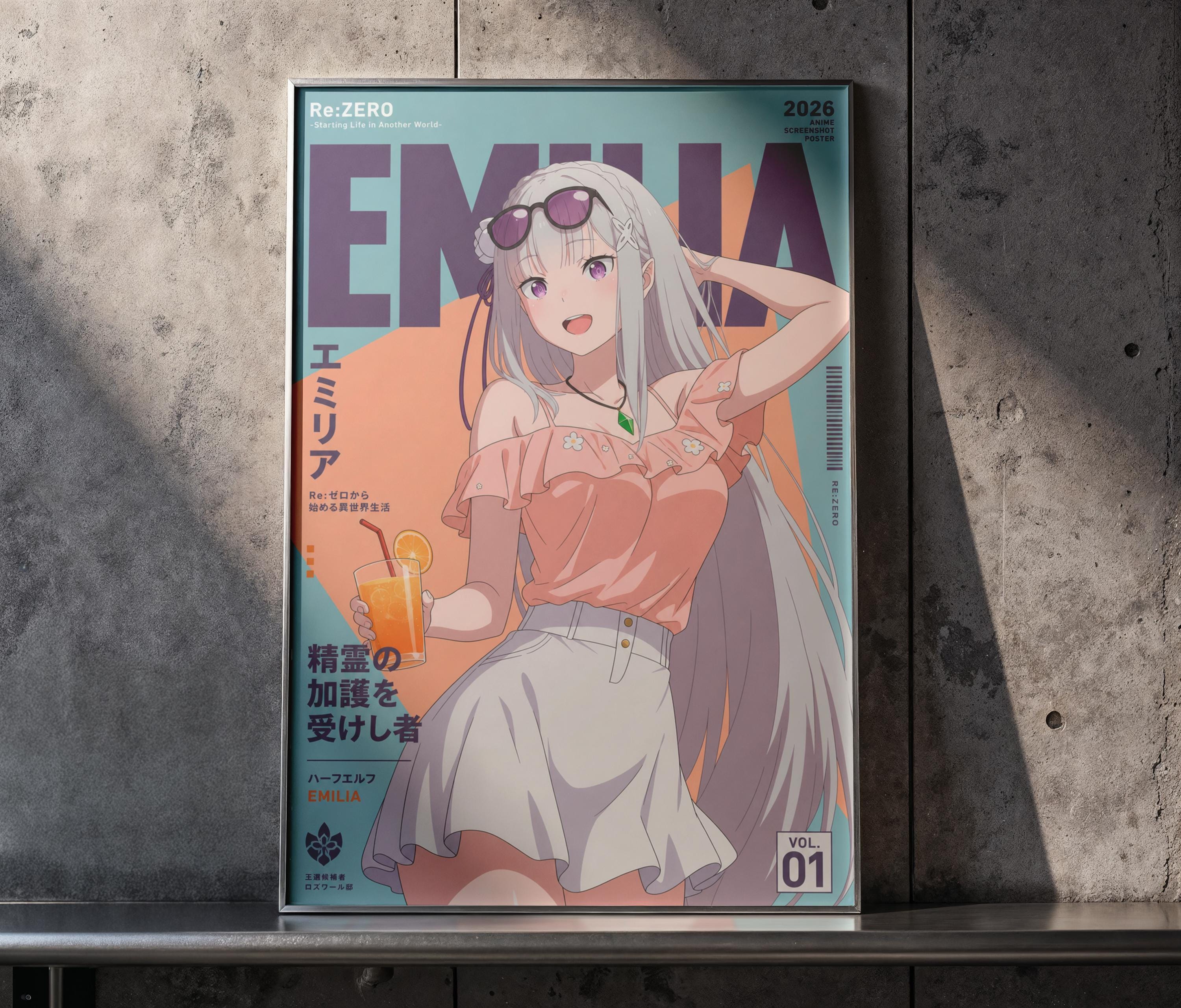 The image is a poster featuring an anime-style illustration of a young woman with long hair, wearing a pink top and sunglasses. The poster has a vibrant color scheme with shades of orange, pink, and blue.
