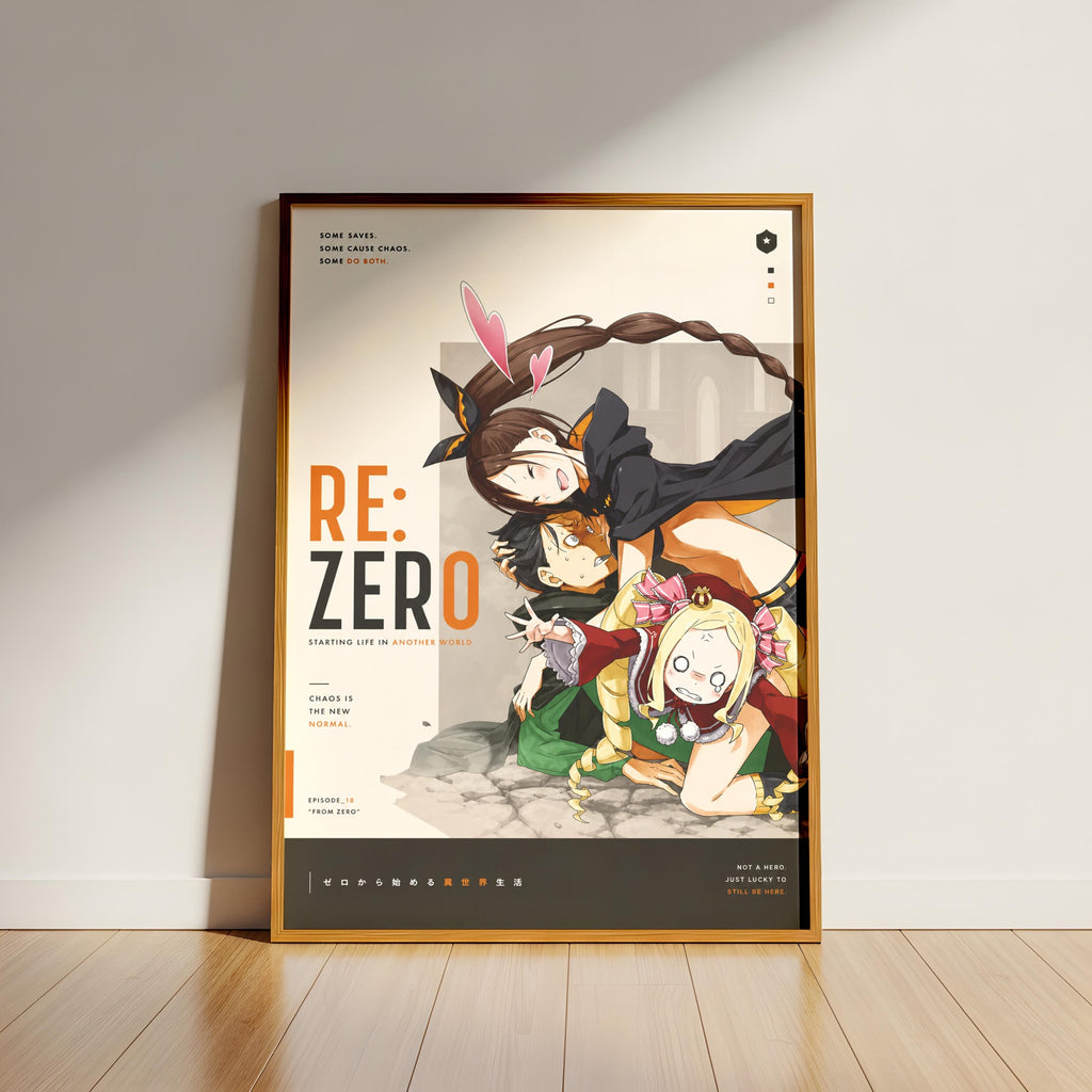 The image is a poster for the anime "Re: Zero", featuring a group of characters in various poses and outfits.