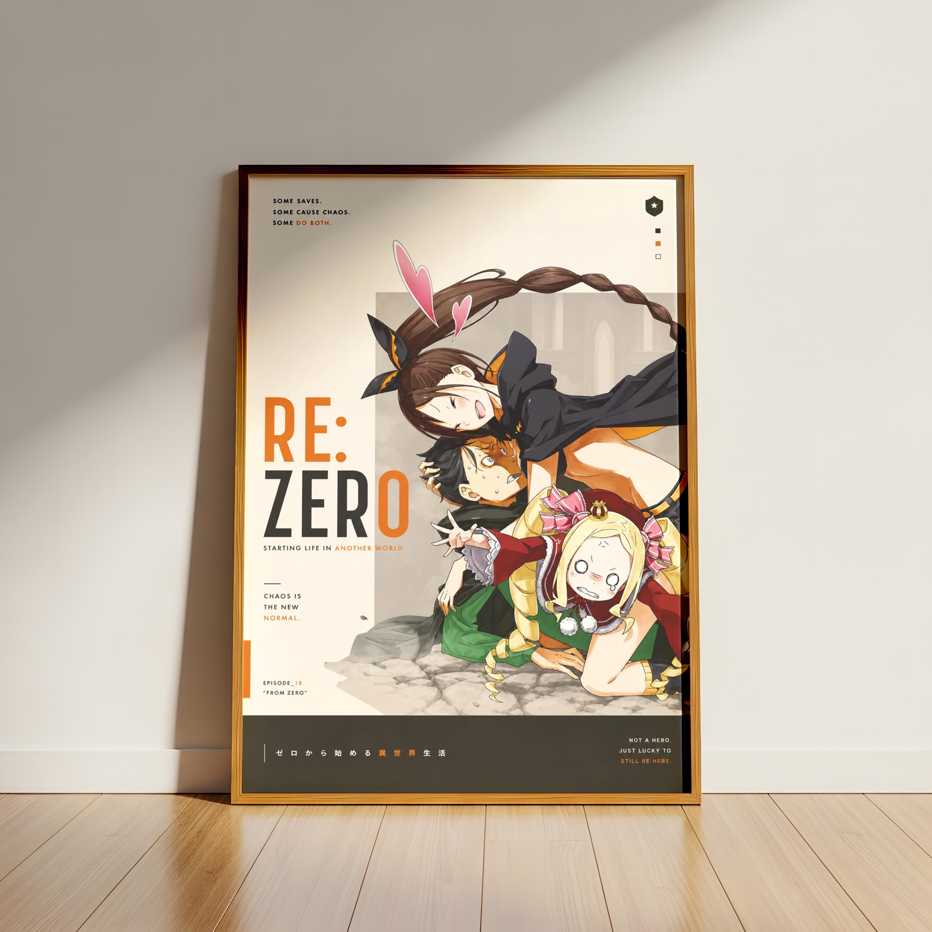 The image is a poster for the anime "Re: Zero", featuring a group of characters in various poses and outfits.