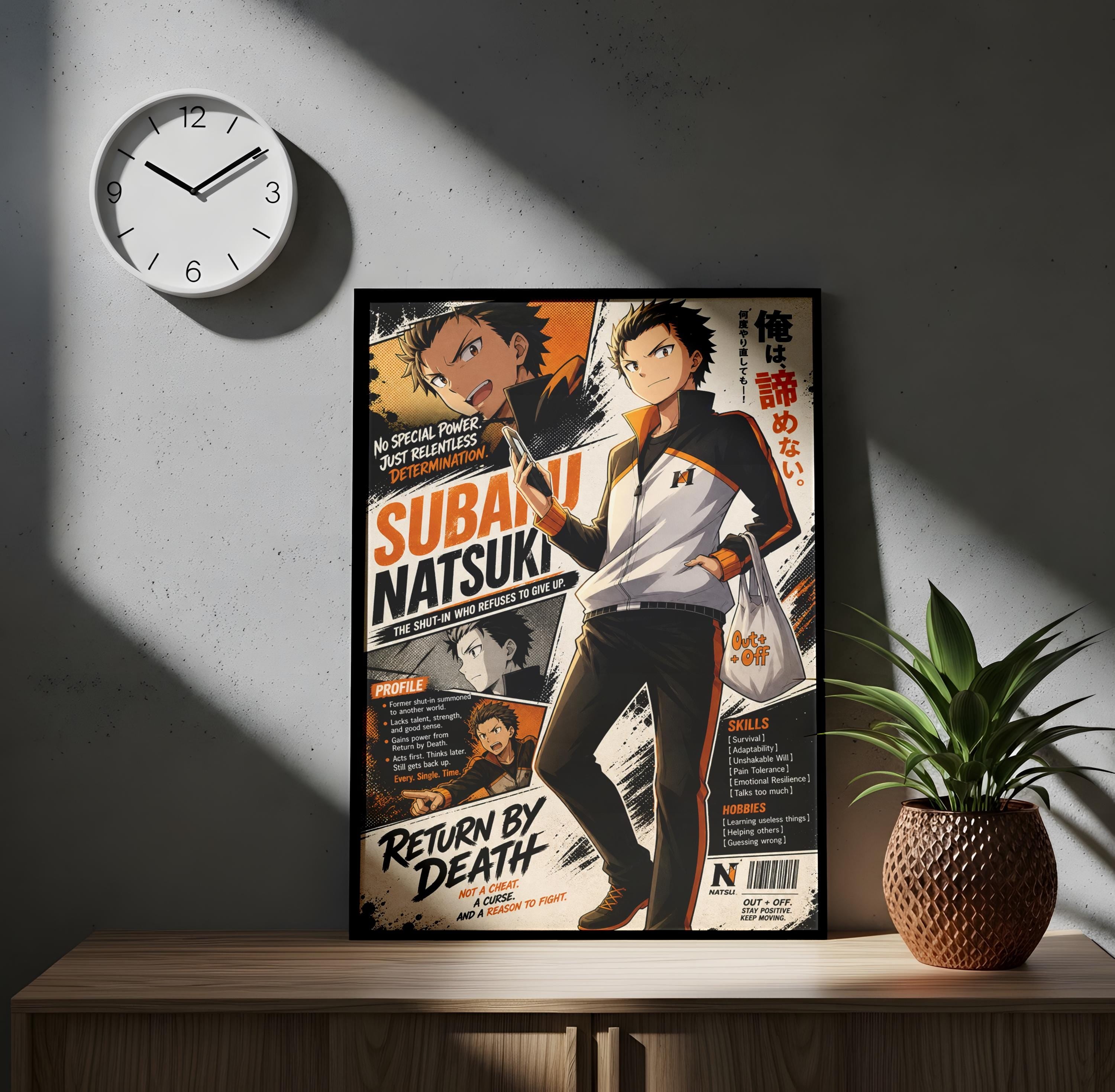 an anime poster for the show "Return by Death" by Subaru, with a clock on the wall behind it.