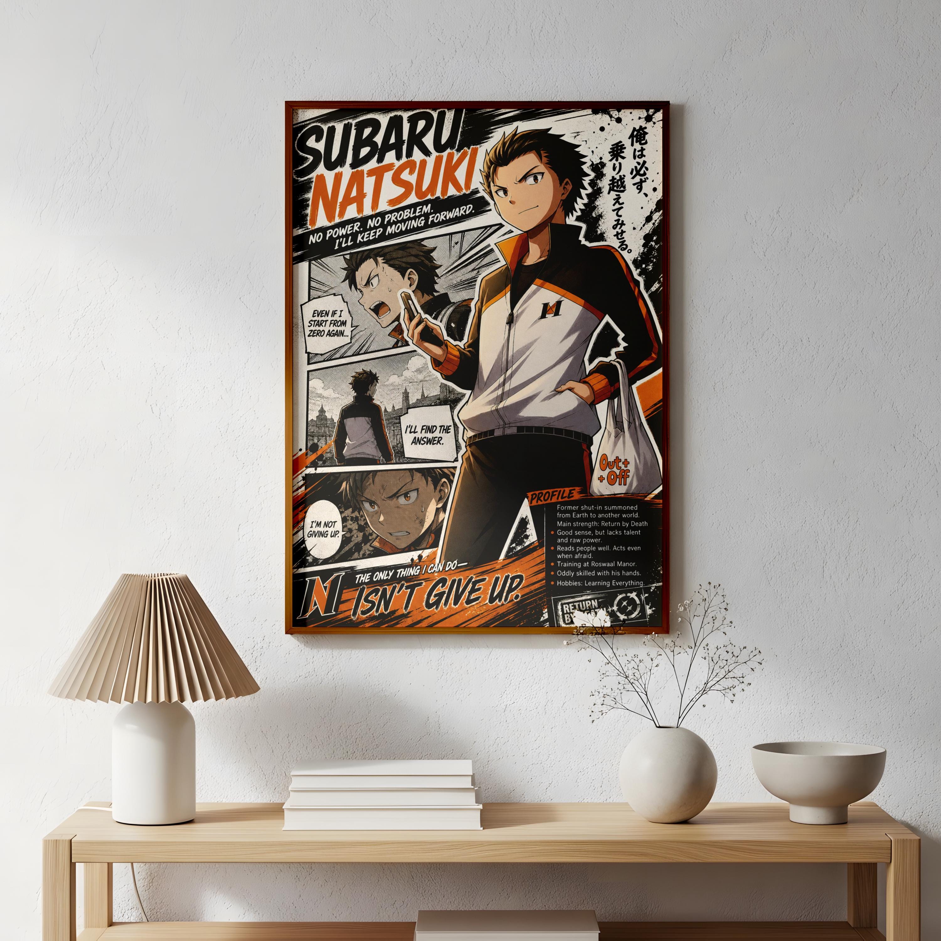 The image is a poster featuring an animated character, Subaru Natsuki, who is shown in various action poses and speech bubbles. The poster is displayed on a wall above a wooden table with a lamp and a vase.