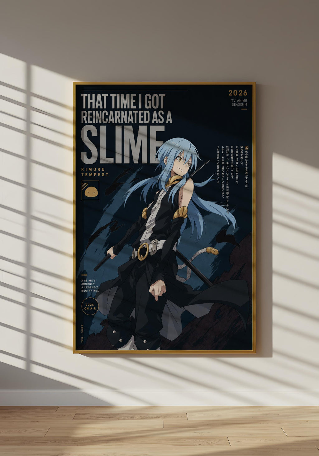 The image is a poster featuring an anime-style character with blue hair and a black outfit, standing in a dark, moody setting.