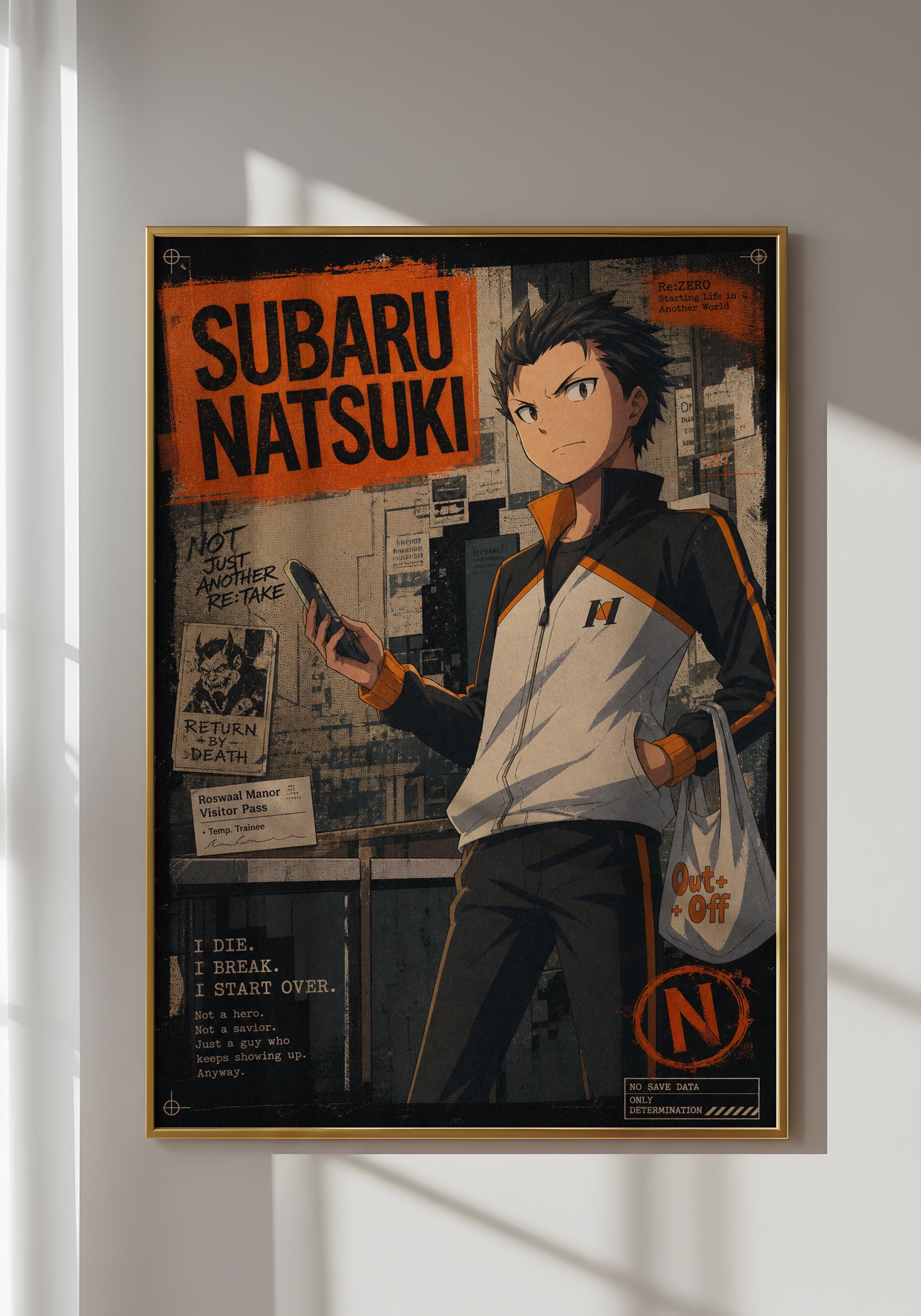 The image is a framed poster featuring an anime character, Subaru Natsuaki, who is shown in a dynamic pose. The poster has a dark and dramatic color scheme, with the character prominently displayed in the center. The poster includes text and various elements, such as a phone, a bag, and a sign, which contribute to the overall visual narrative.