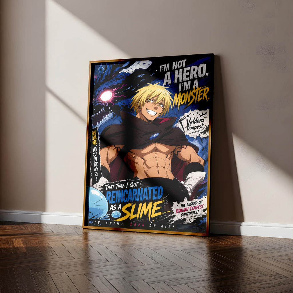 The image is a poster featuring an anime character with a muscular build and blonde hair, wearing a cape and standing in a dark, mysterious setting.