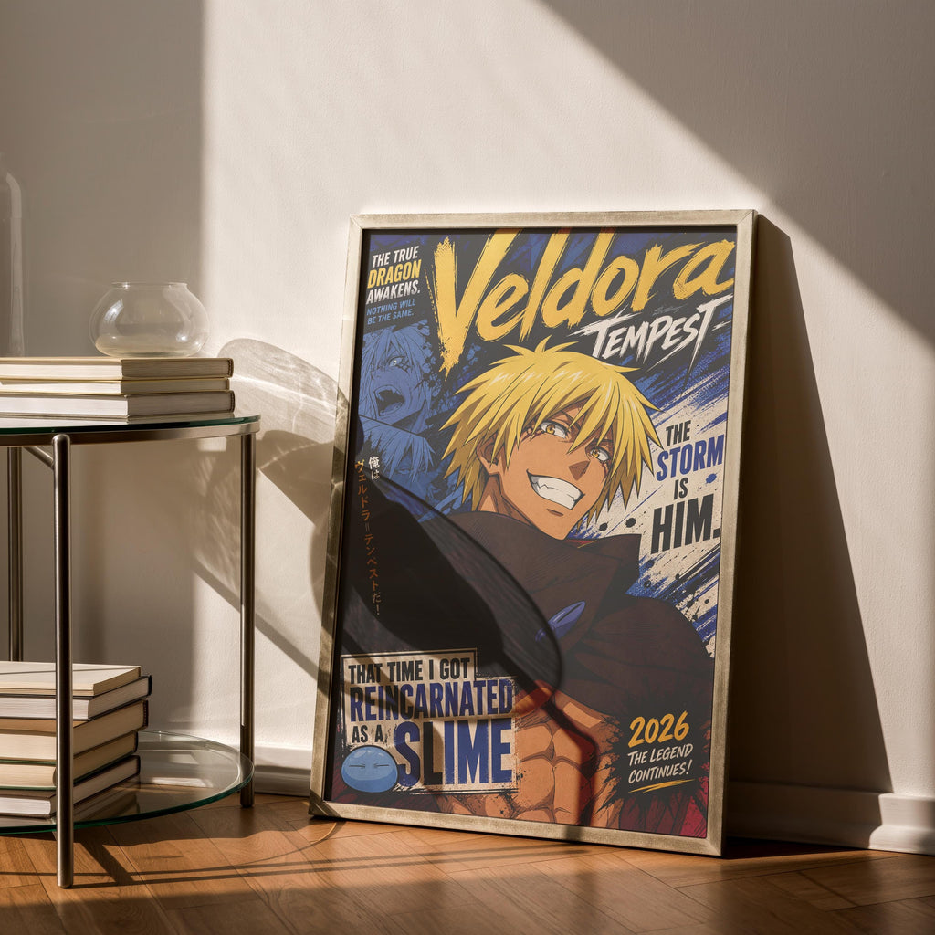 A framed poster of a character from the anime series "Veledora: Tempest" is displayed on a wall, with a stack of books and a glass table nearby.