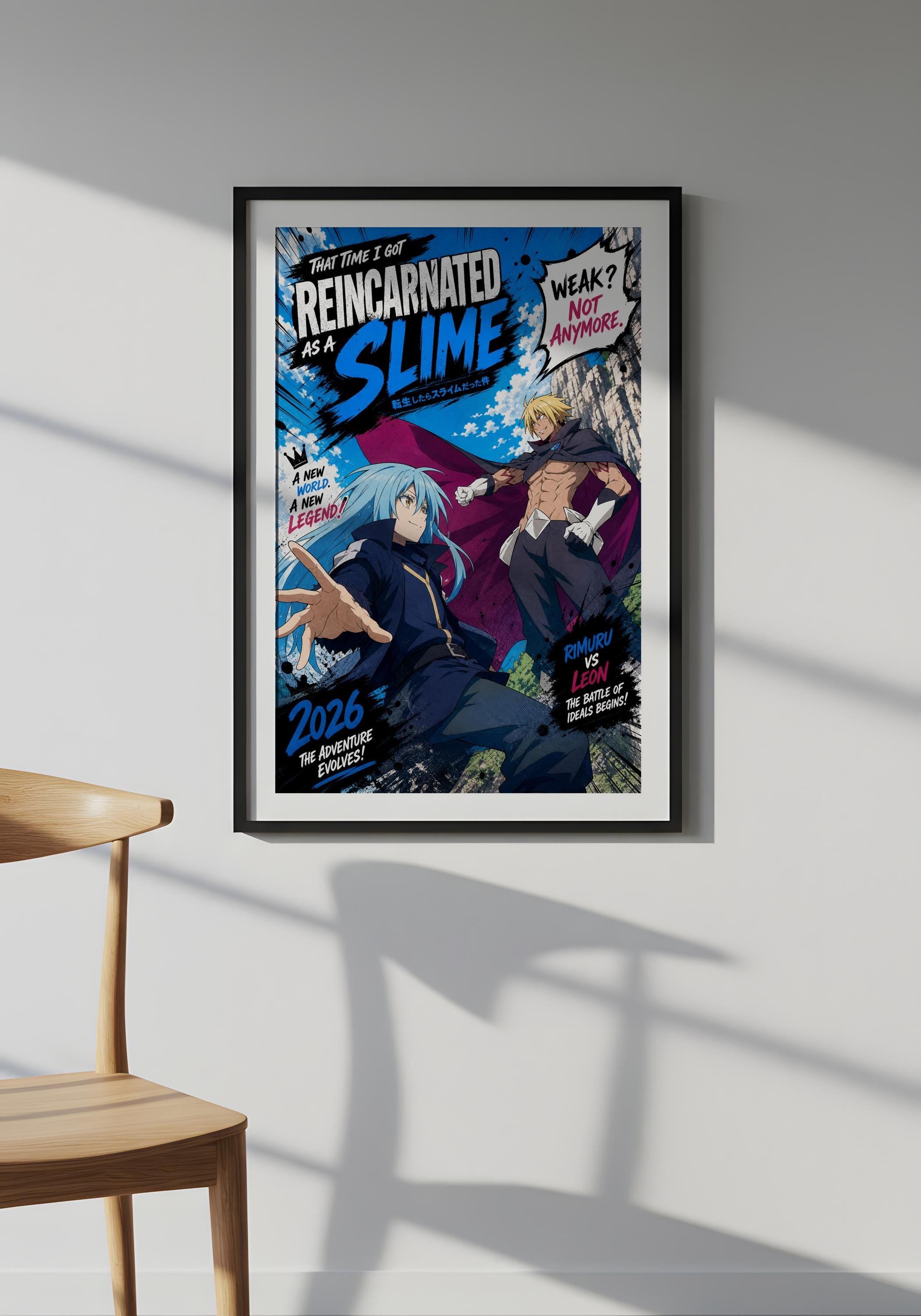 The image is a poster featuring two characters from the anime series "Reincarnated as a Slime". The poster has a colorful and dynamic design with various elements such as text, speech bubbles, and illustrations.