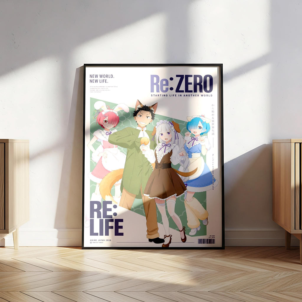The image is a poster featuring a group of anime characters, including a man, a woman, and two children, standing together in a room.