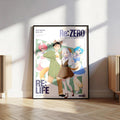 The image is a poster featuring a group of anime characters, including a man, a woman, and two children, standing together in a room.