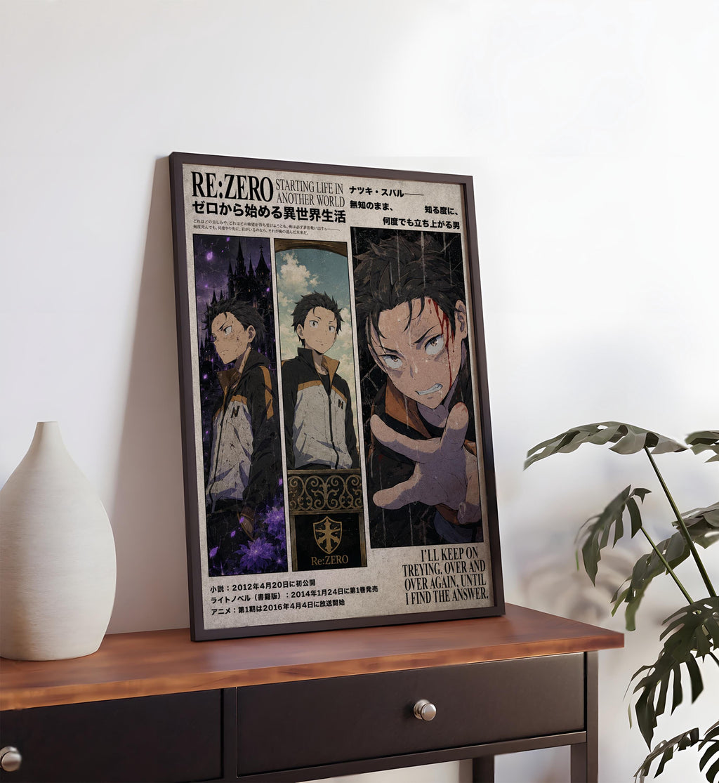 The image is a poster featuring three animated characters from the anime series Re:Zero. The poster is displayed on a wooden table, with a white vase to the left and a plant to the right.
